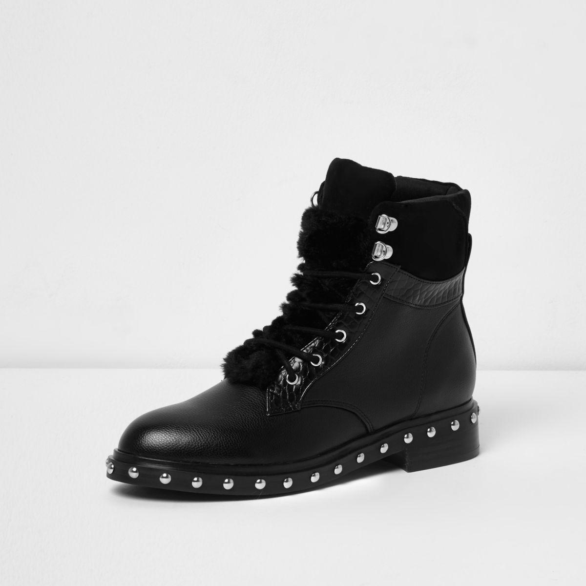 black lace up boots with fur