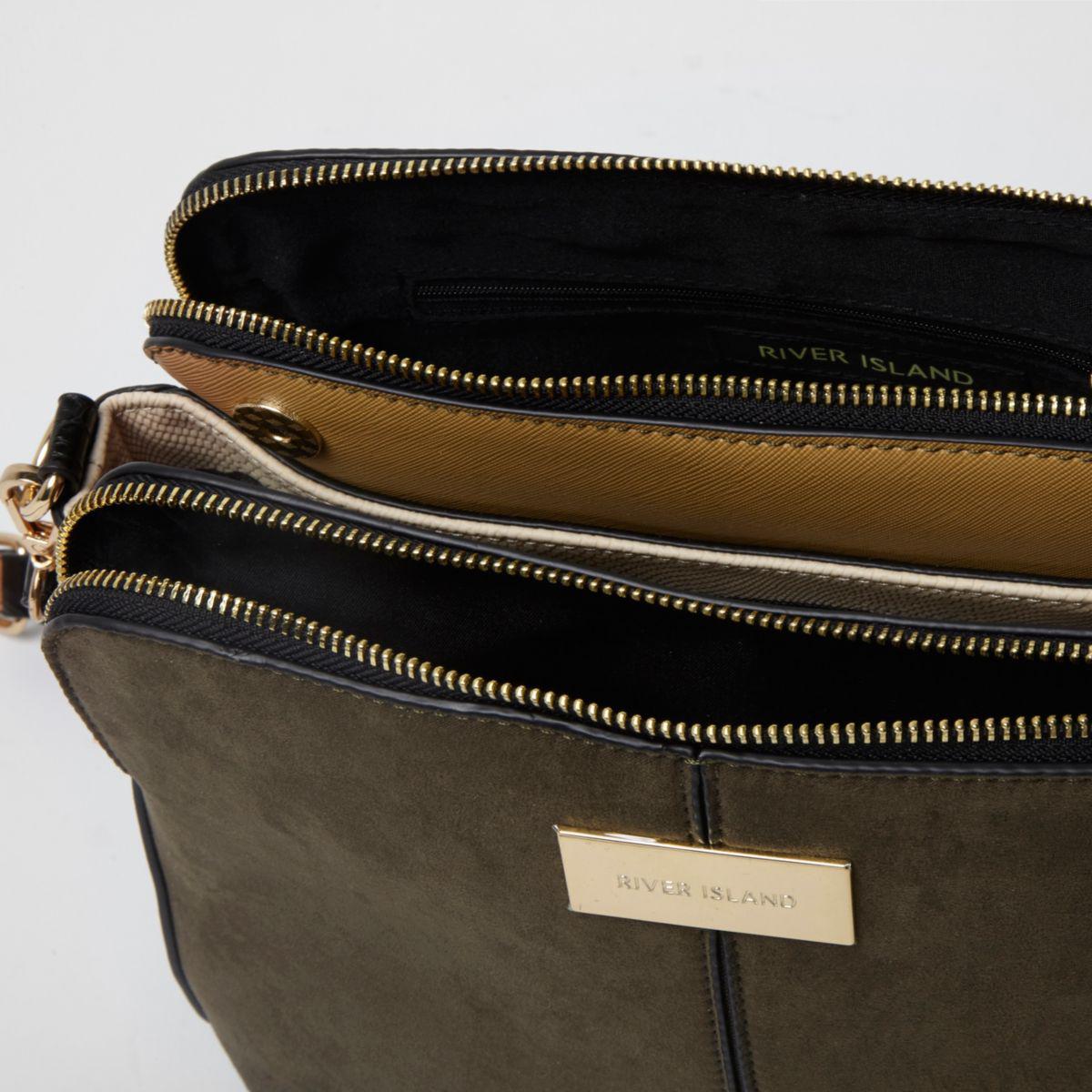 River Island Synthetic Khaki Triple Compartment Cross Body Bag Khaki