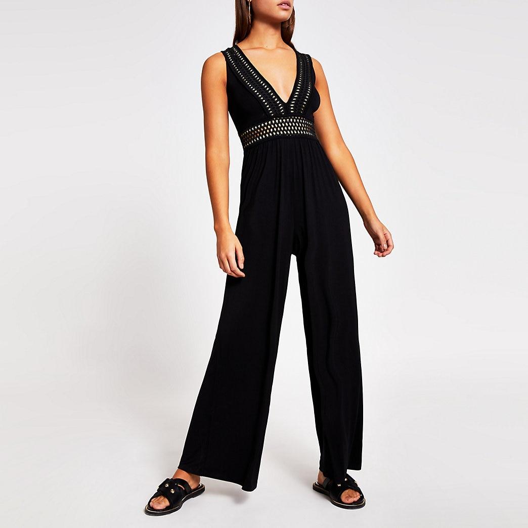 River Island Synthetic Black Elasticated Plunge Neck Beach Jumpsuit - Lyst