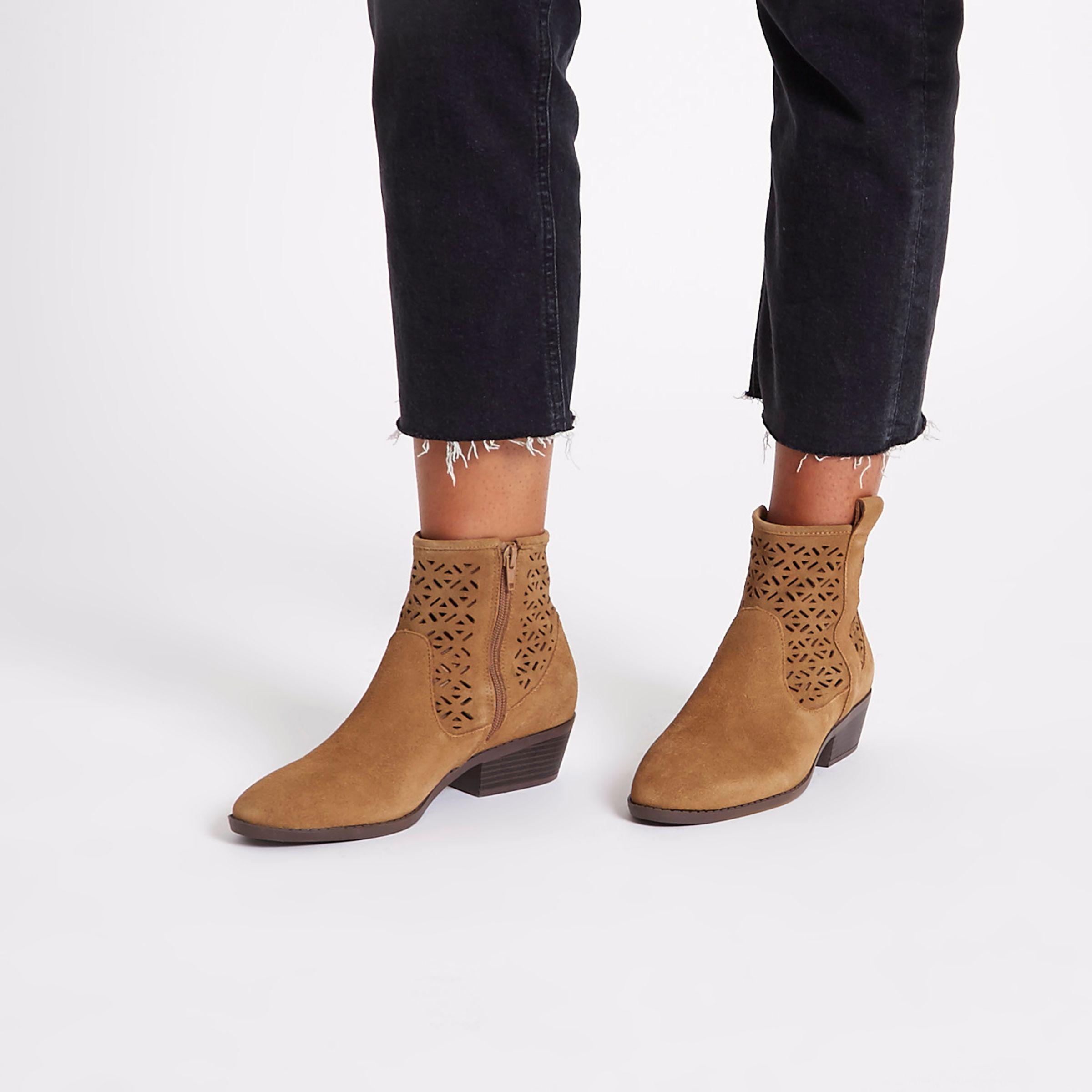 River Island Tan Laser Cut Suede Western Ankle Boots in Beige (Natural) Lyst