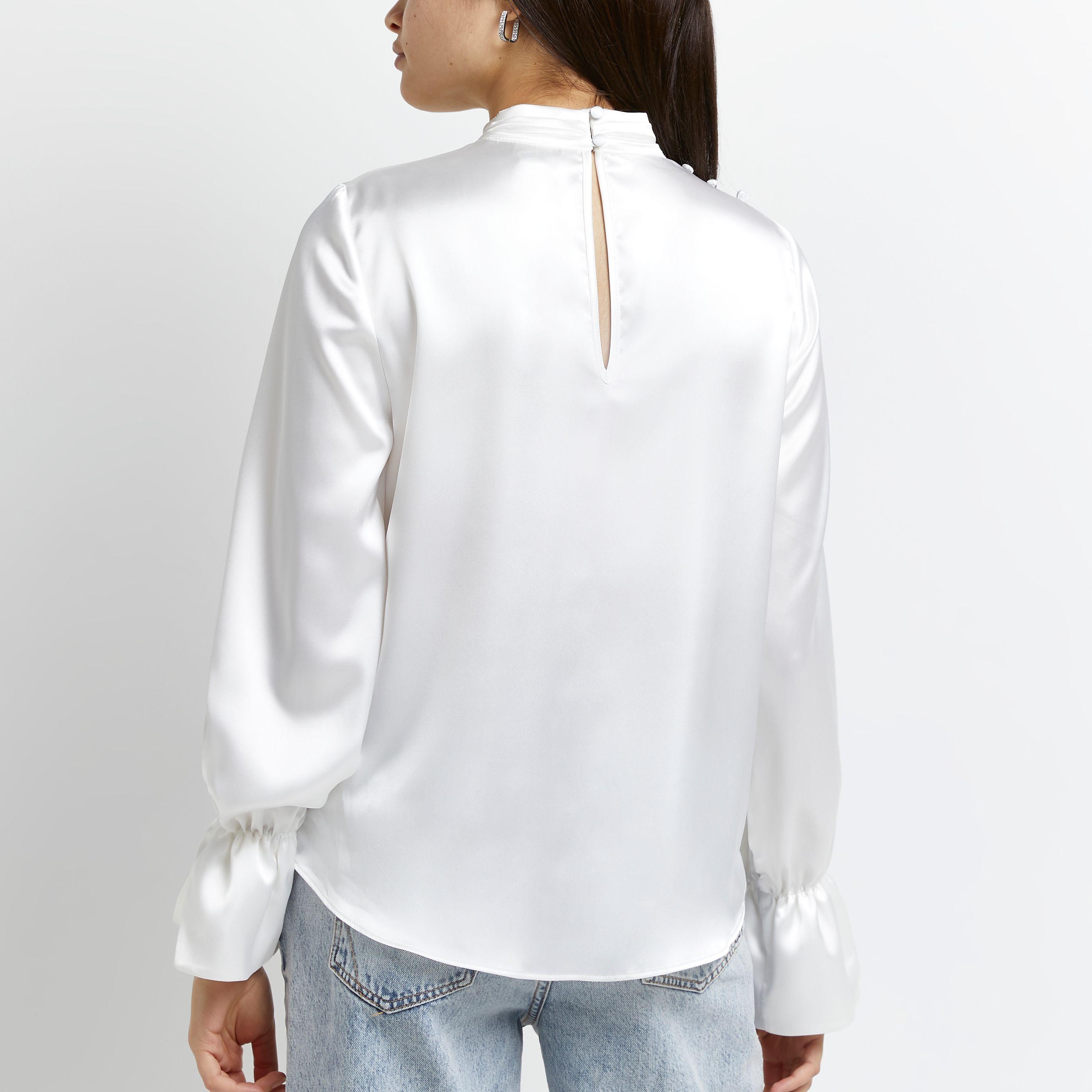 White Satin High Neck Blouse | Lyst 
