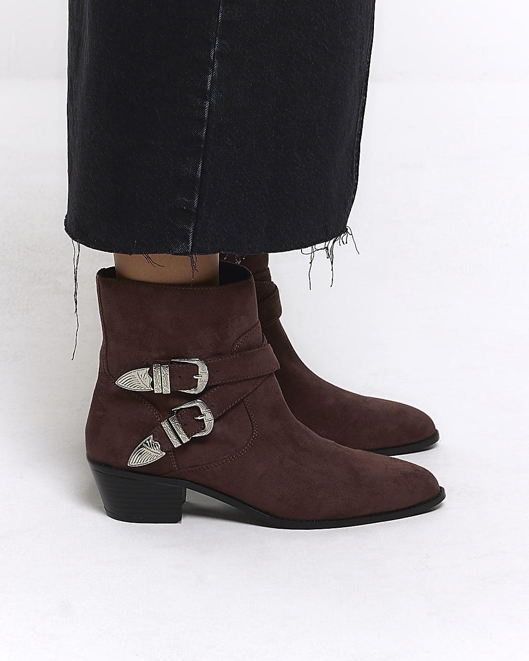 River Island Brown Suedette Western Ankle Boots | Lyst
