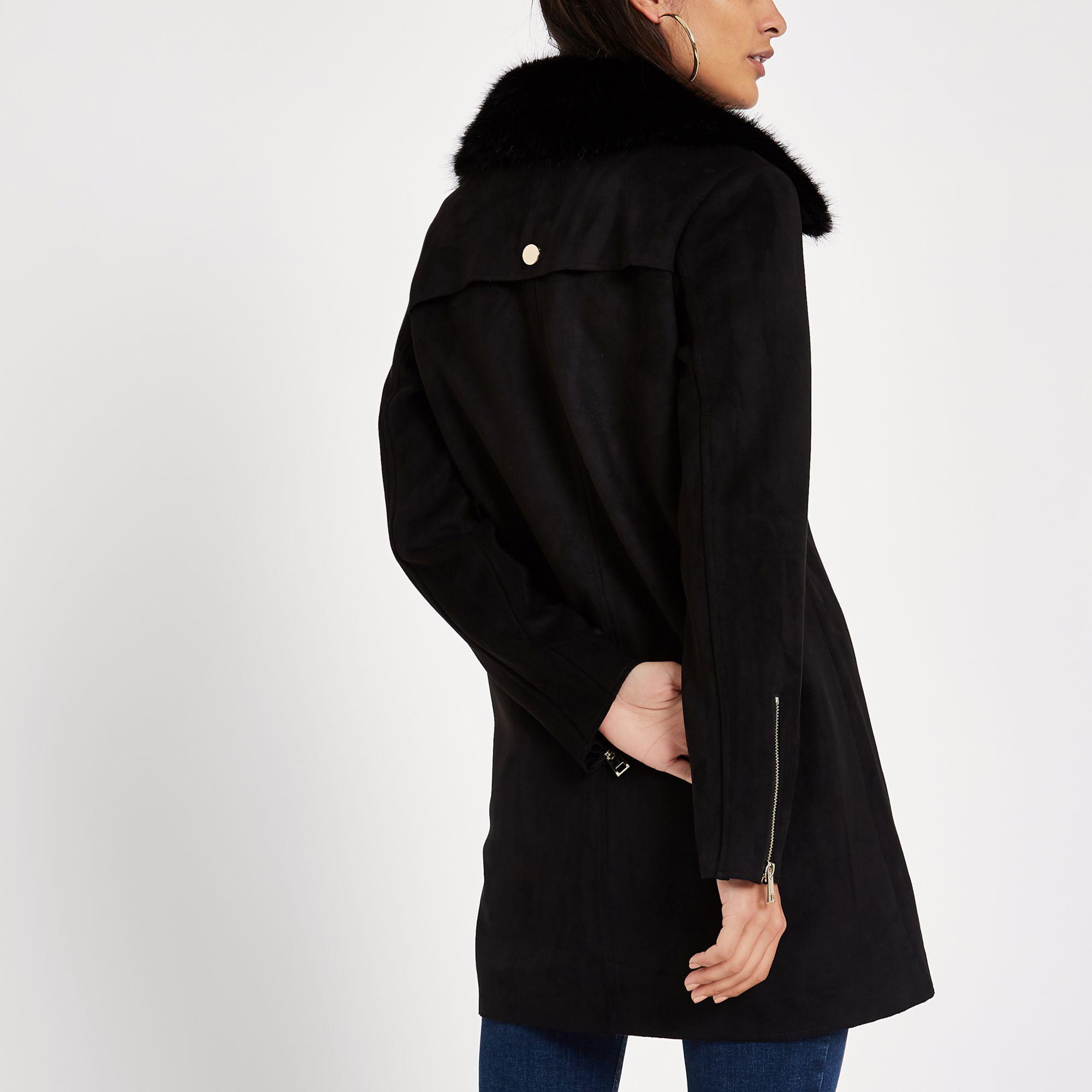 River Island Faux Fur Collar Swing Coat in Black - Lyst