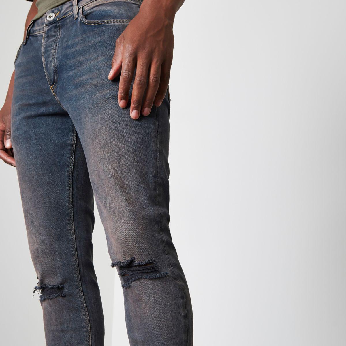 Lyst River Island Washed Dark Blue Ripped Knee Sid Skinny Jeans in