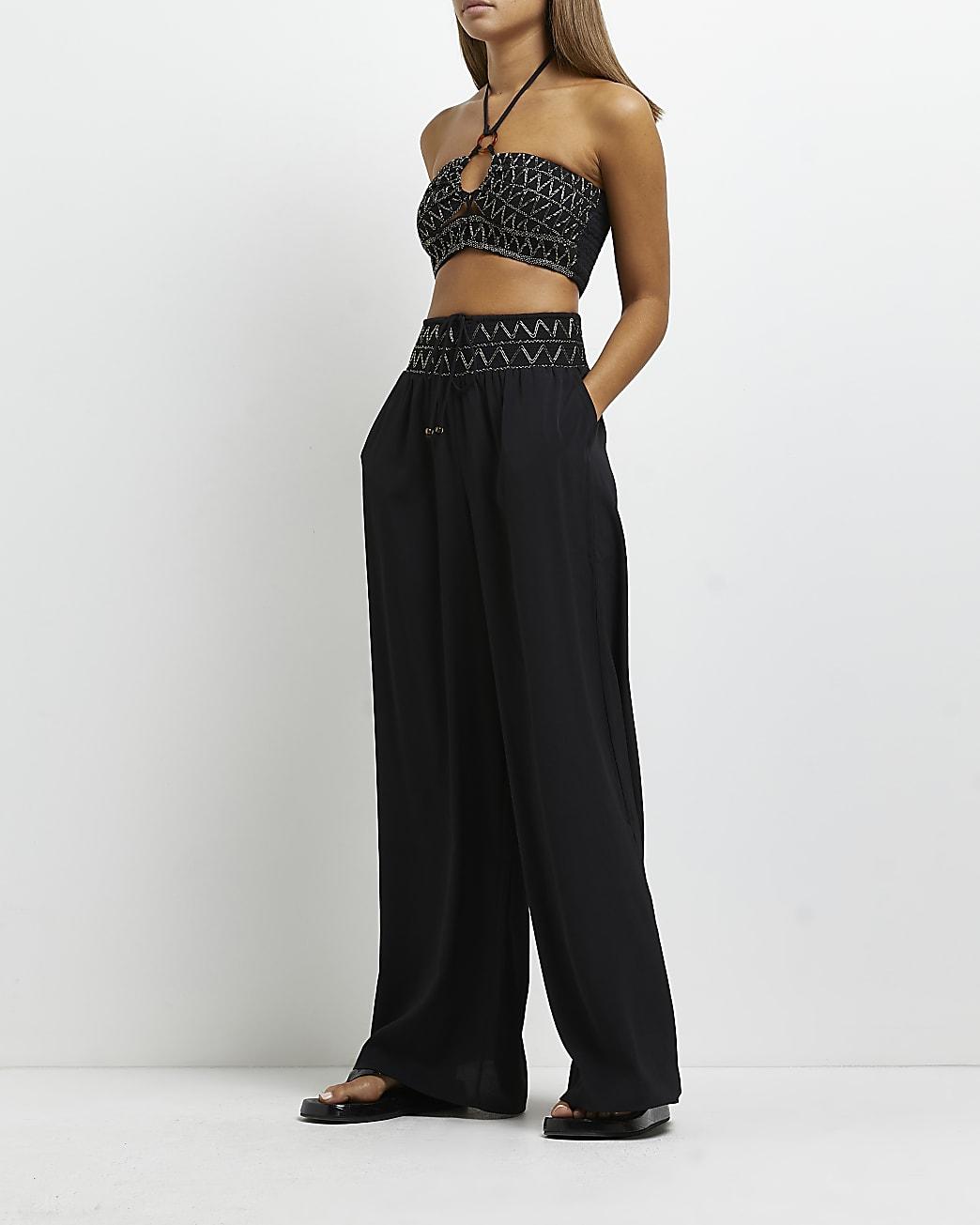 River Island Black Embroidered Wide Leg 