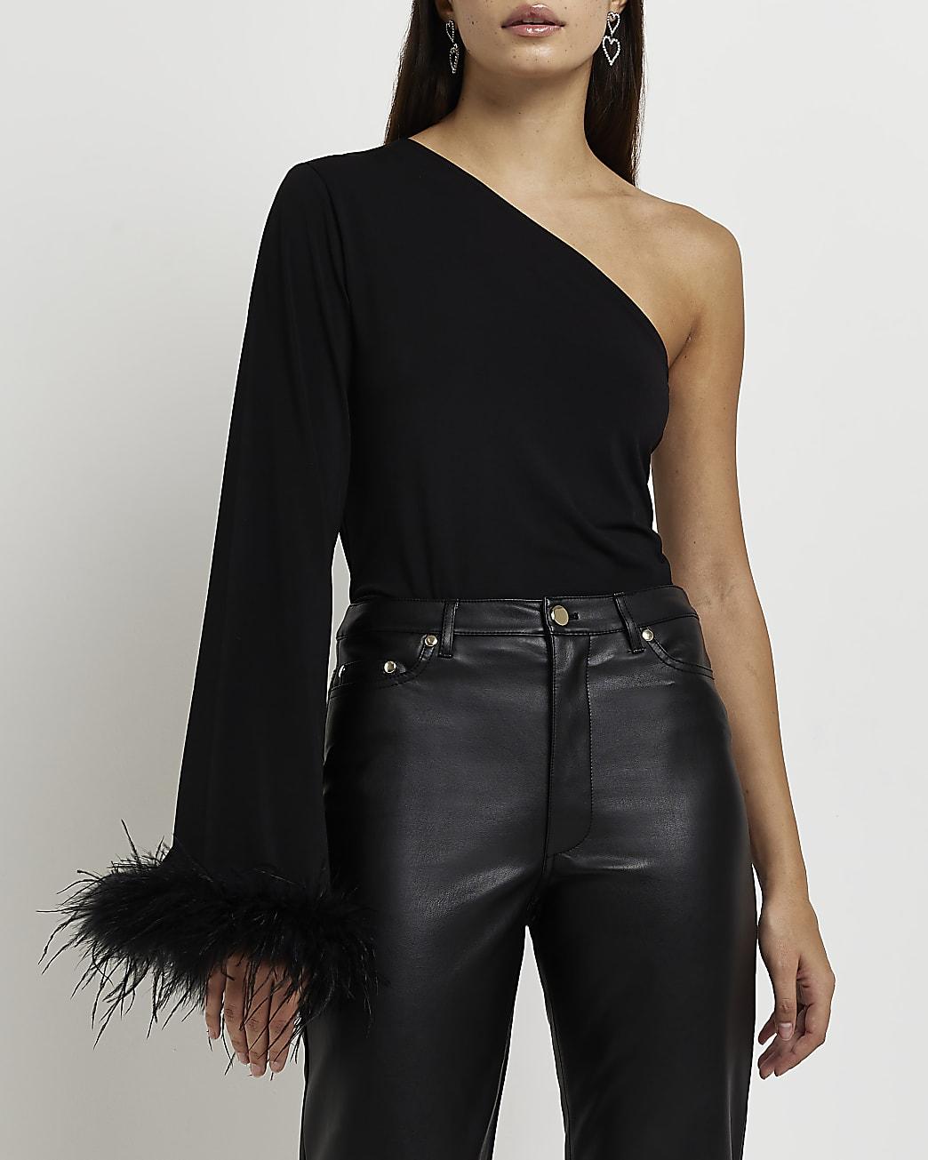 River Island One Shoulder Feather Trim Top in Black | Lyst