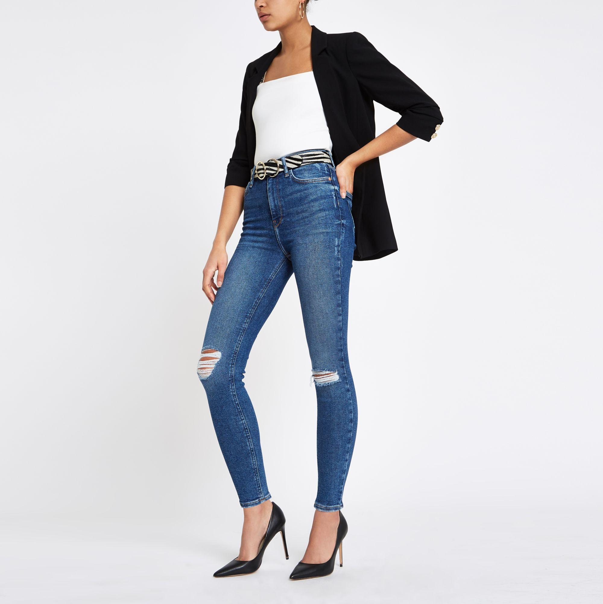 River Island Mid Blue Hailey High Rise Ripped Denim Jeans - Lyst