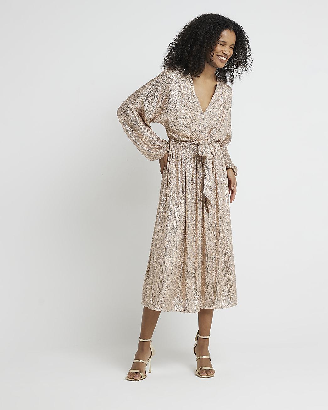 River Island Rose Gold Sequin Tie Front Swing Midi Dress in Natural | Lyst