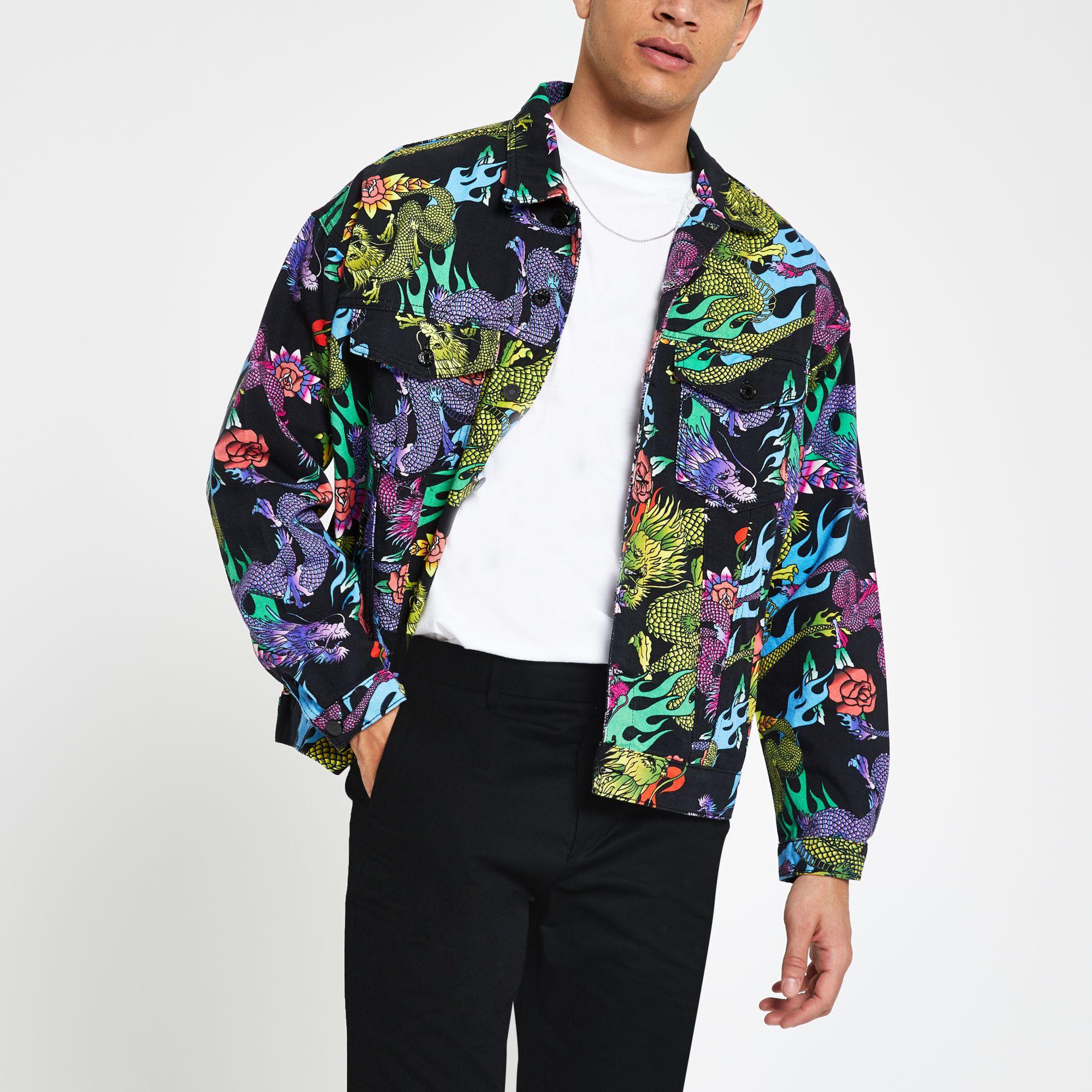 Dragon Print Denim Jacket for Men 