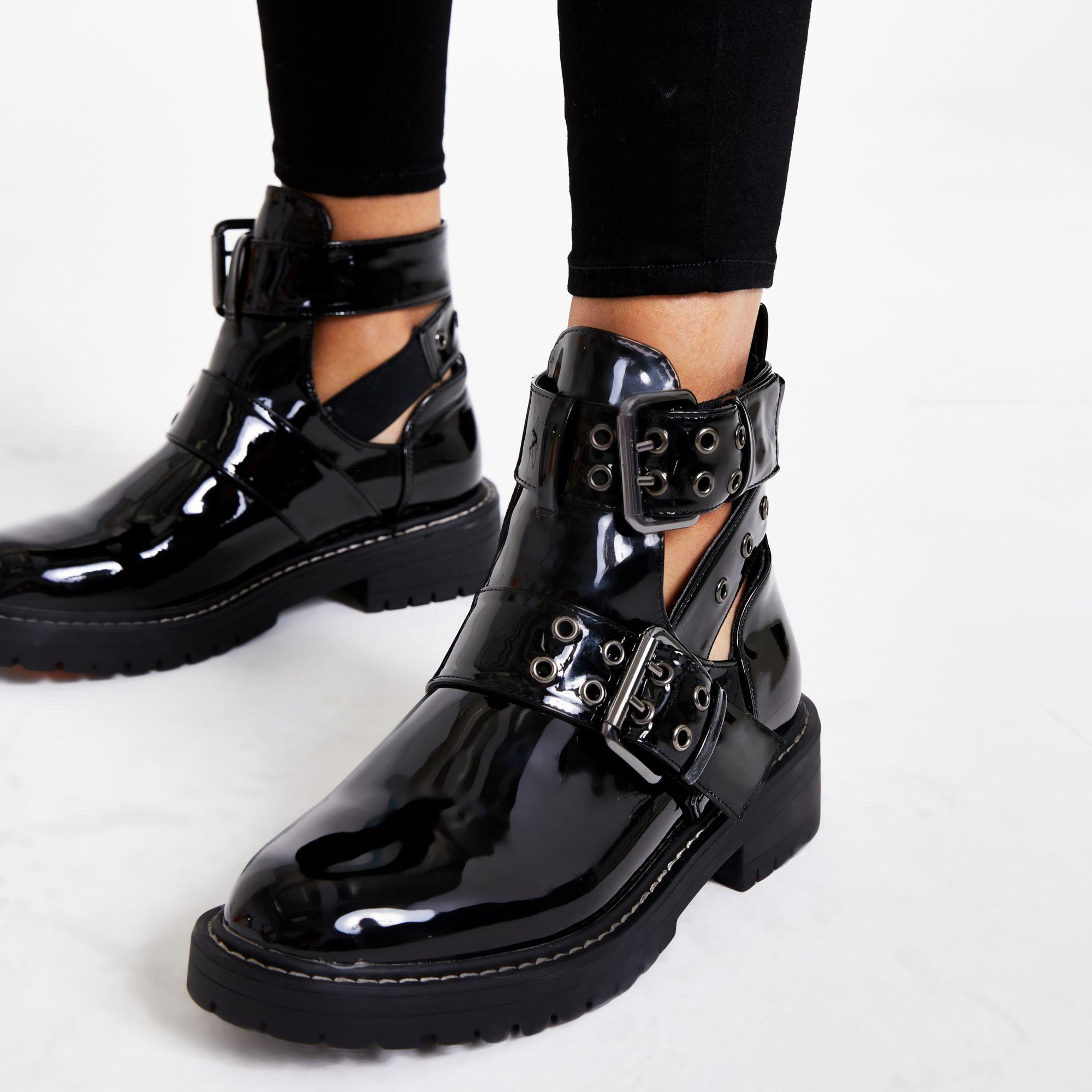 River Island Black Patent Cut Away Wide Fit Chunky Boots - Lyst