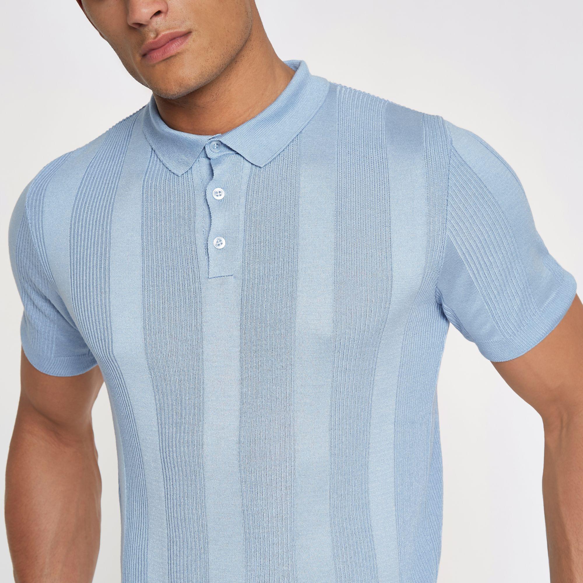 River Island Synthetic Rib Knit Muscle Fit Polo Shirt in Blue for Men