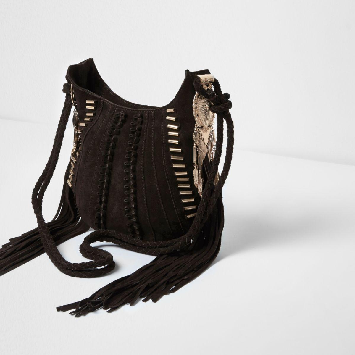 Lyst River Island Dark Brown Suede Fringed Cross Body Bag in Brown
