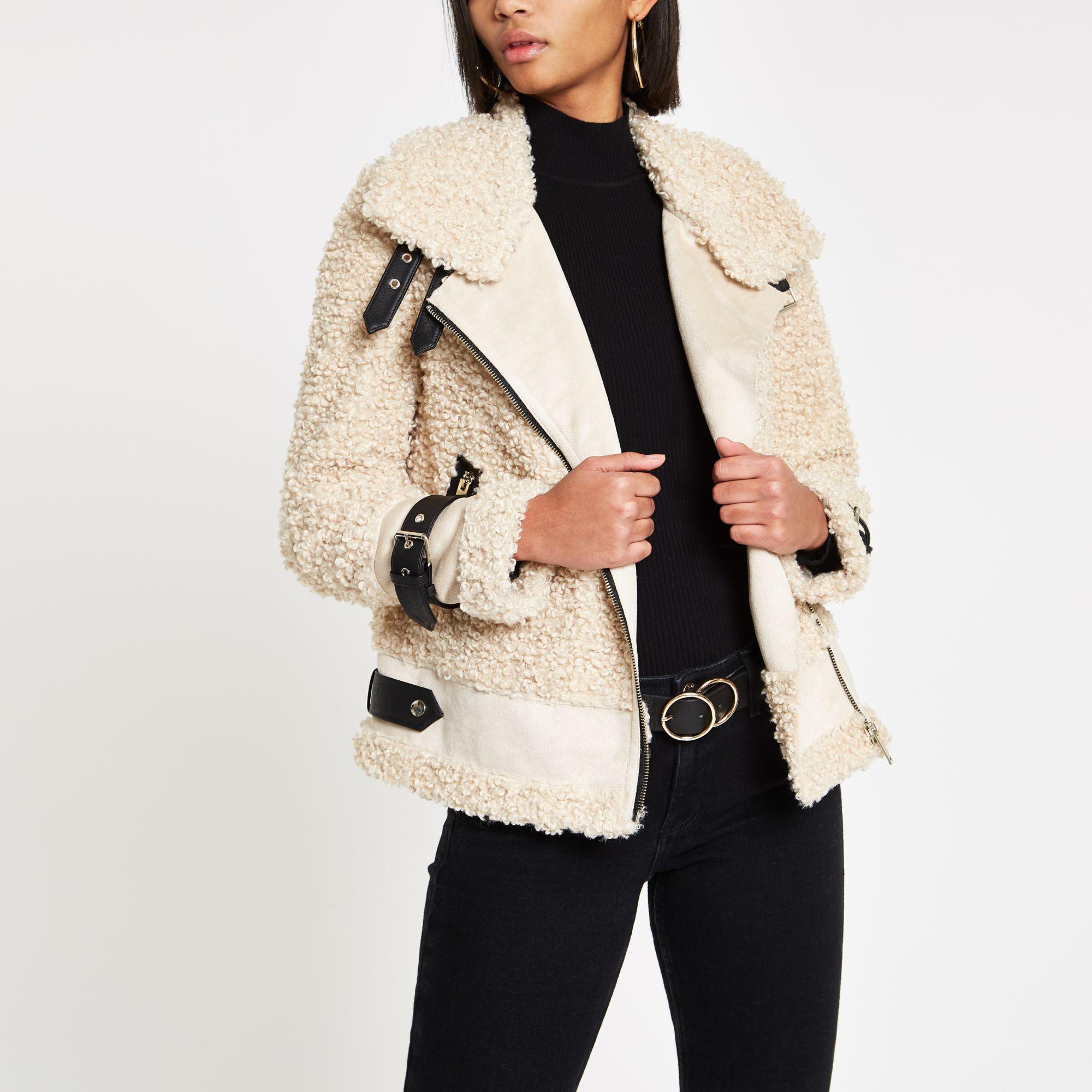 River Island Fur Plus Beige Aviator Jacket in Natural Lyst