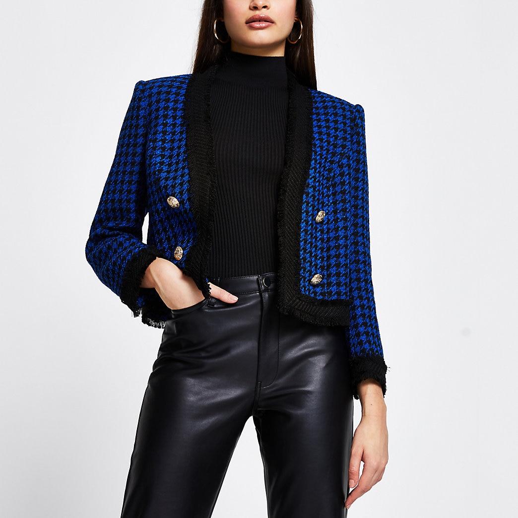 River Island Blue Dogtooth Boucle Crop Blazer - Lyst