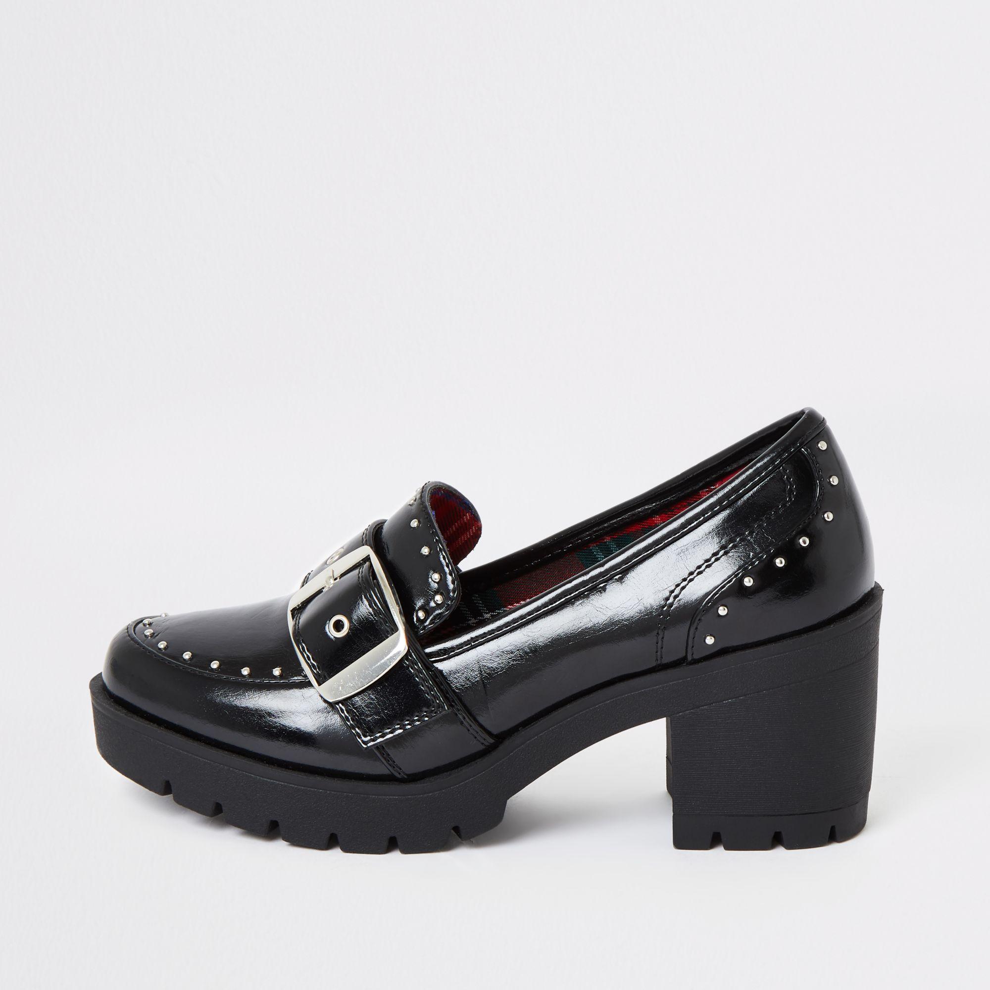 River Island Studded Chunky Heel Loafers in Black | Lyst