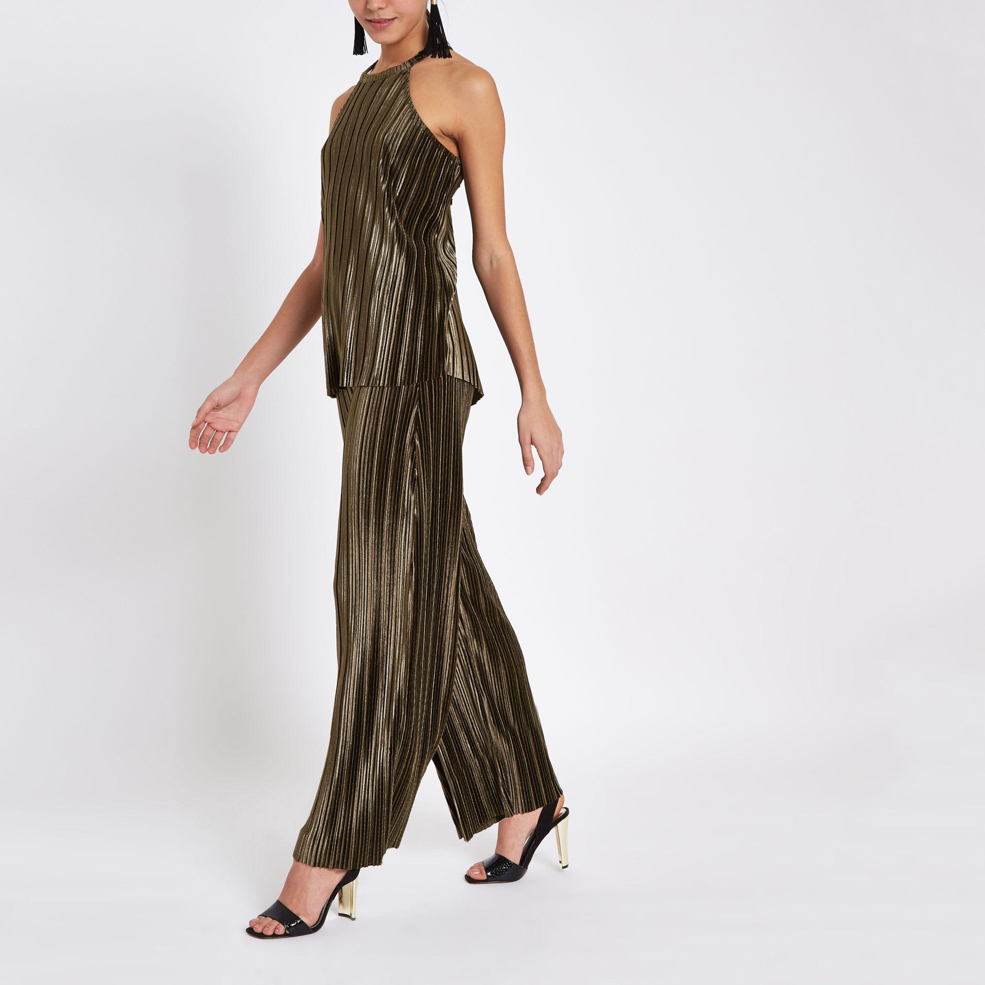 River Island Khaki Green Velvet Plisse 