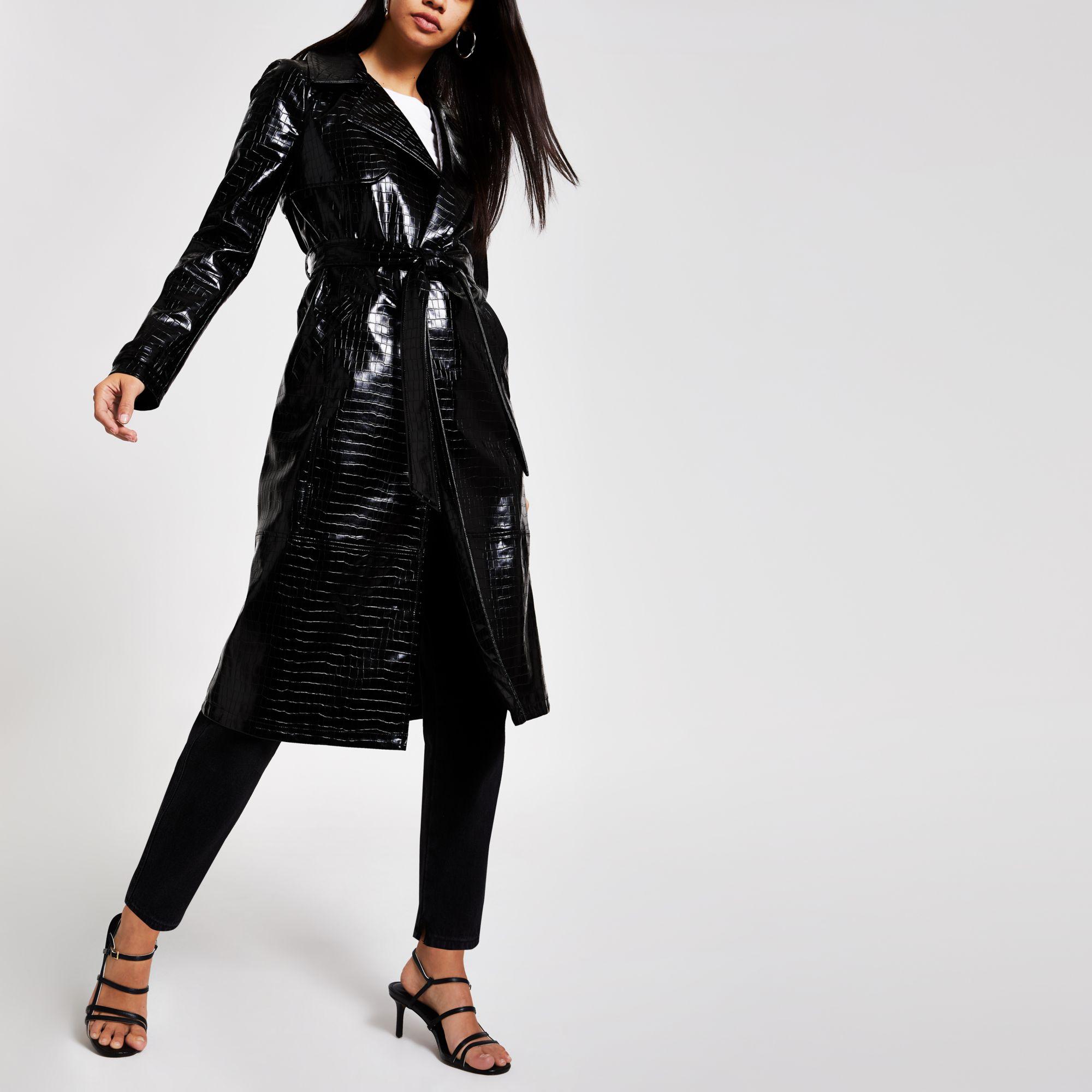 River Island Vinyl Croc Embossed Trench Coat in Black | Lyst Australia