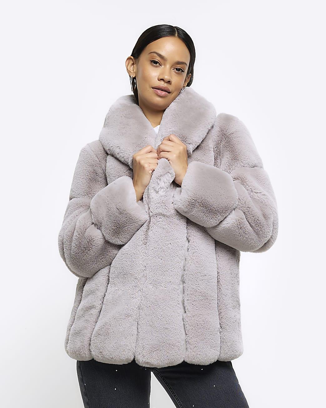 River Island Grey Panelled Faux Fur Coat in Gray | Lyst
