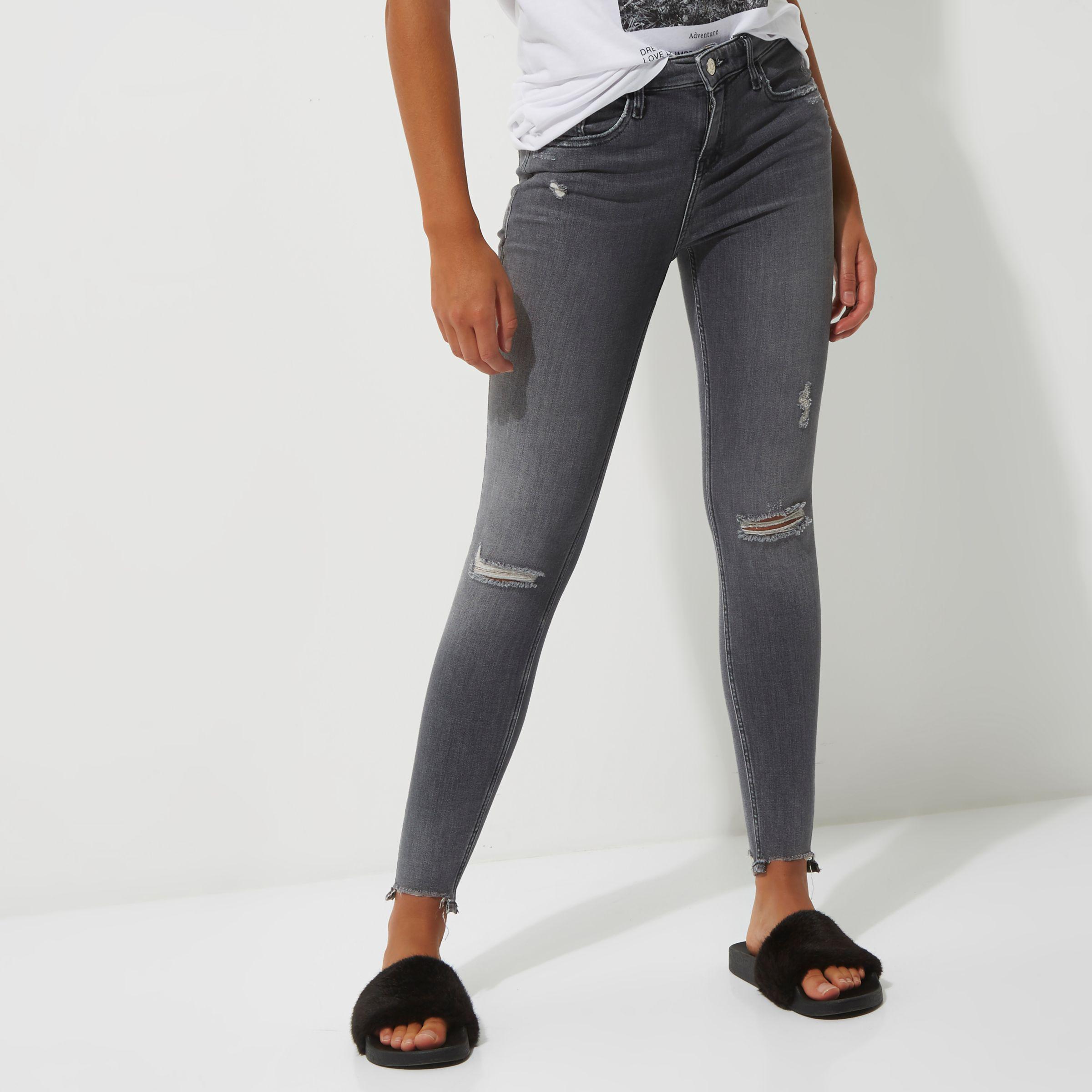 River Island Denim Grey Ripped Amelie Super Skinny Jeans in Gray - Lyst