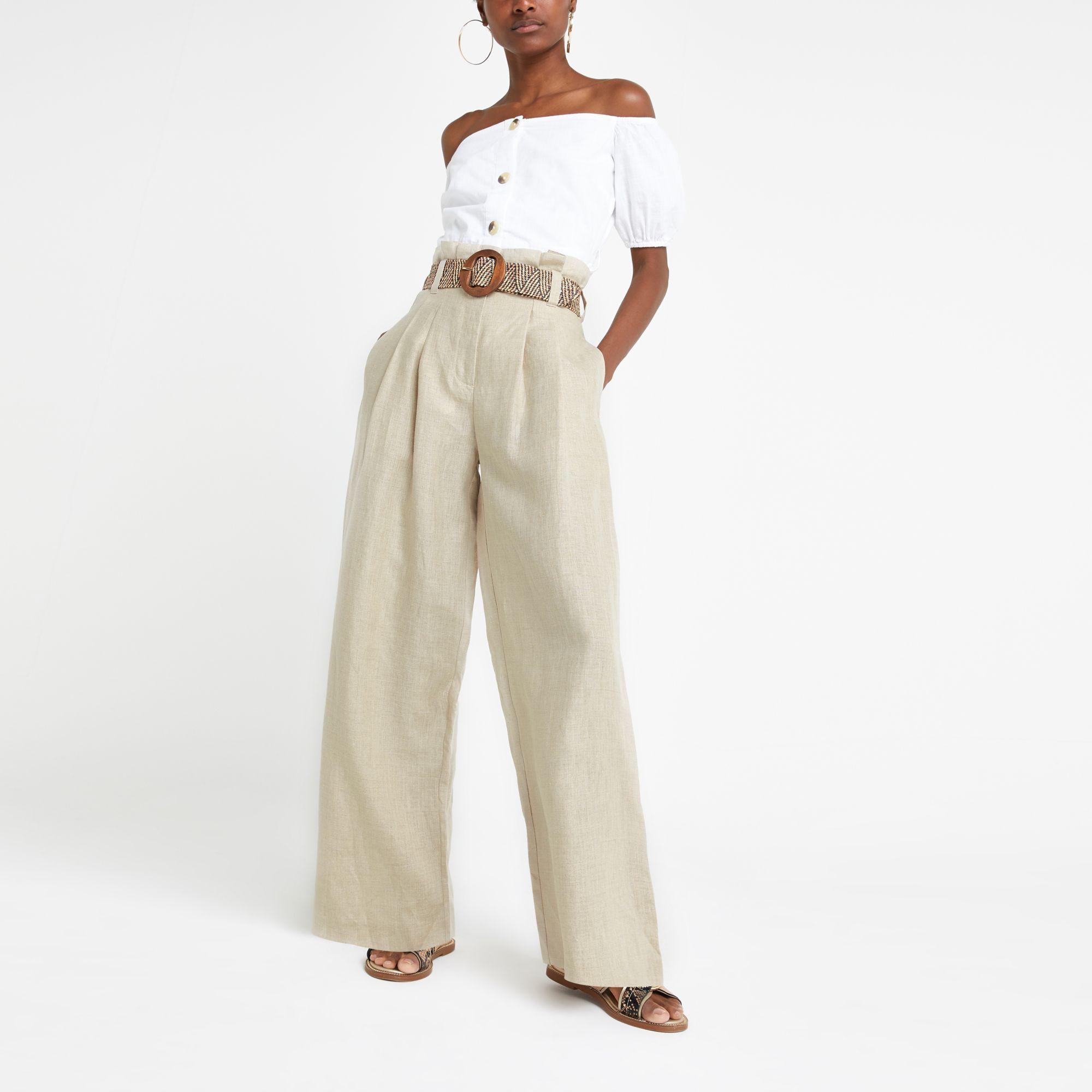 River Island Beige Linen Paperbag Waist Wide Leg Trousers in Natural | Lyst