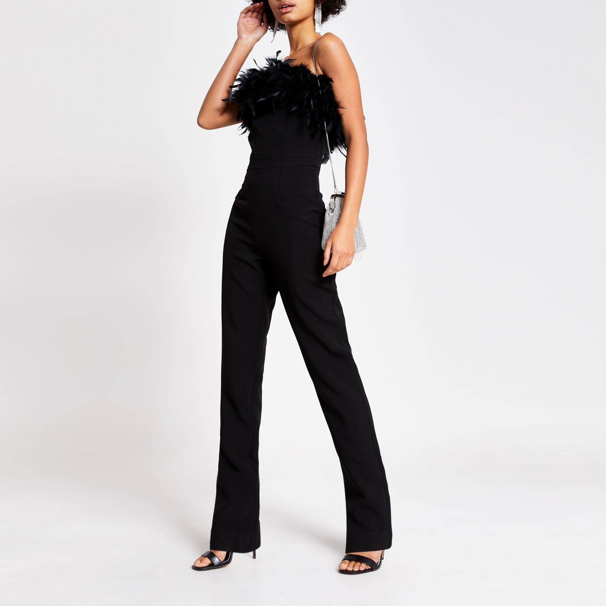 River Island Feather Bandeau Jumpsuit in Black | Lyst