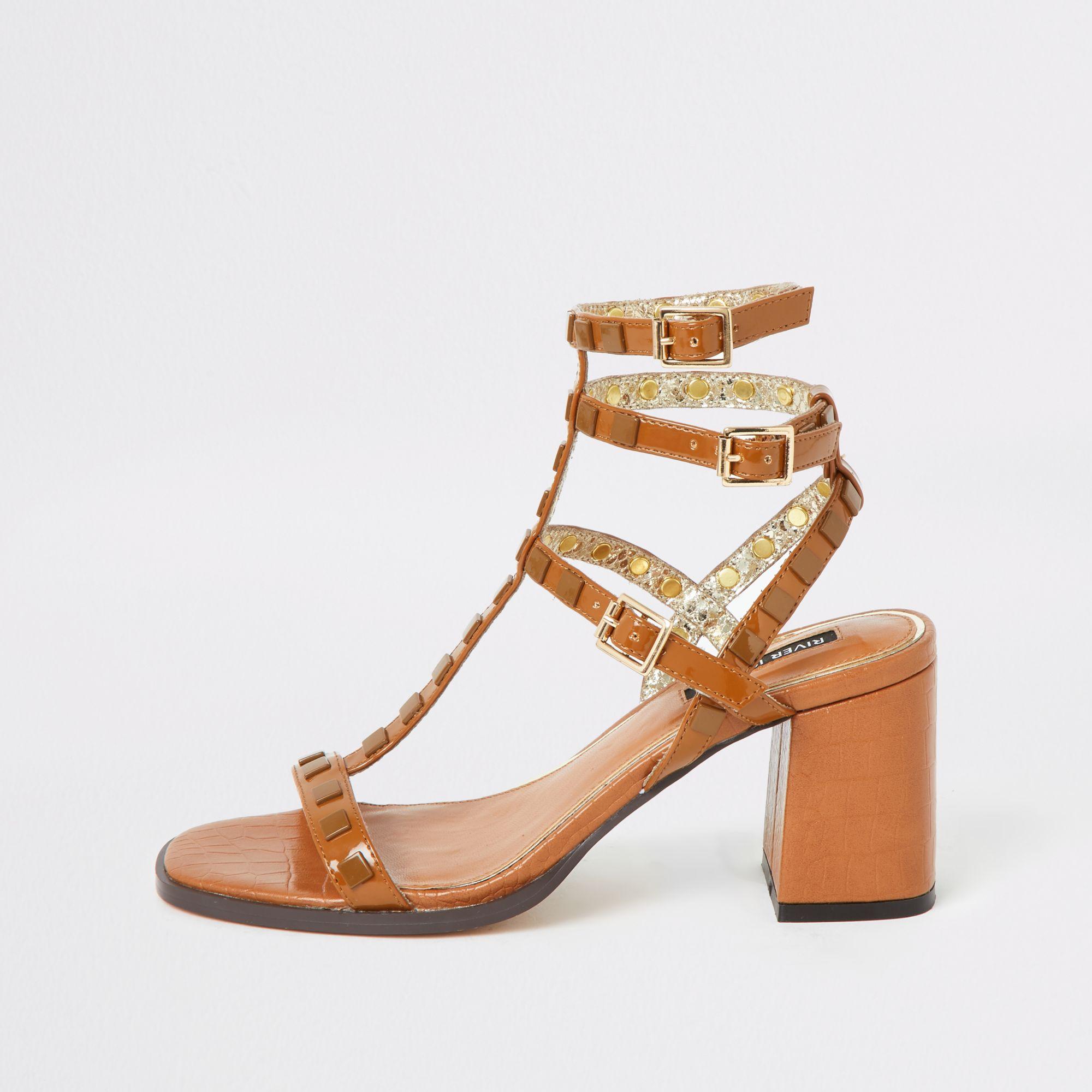 River Island Studded Gladiator Block Heel Sandals in Brown - Lyst