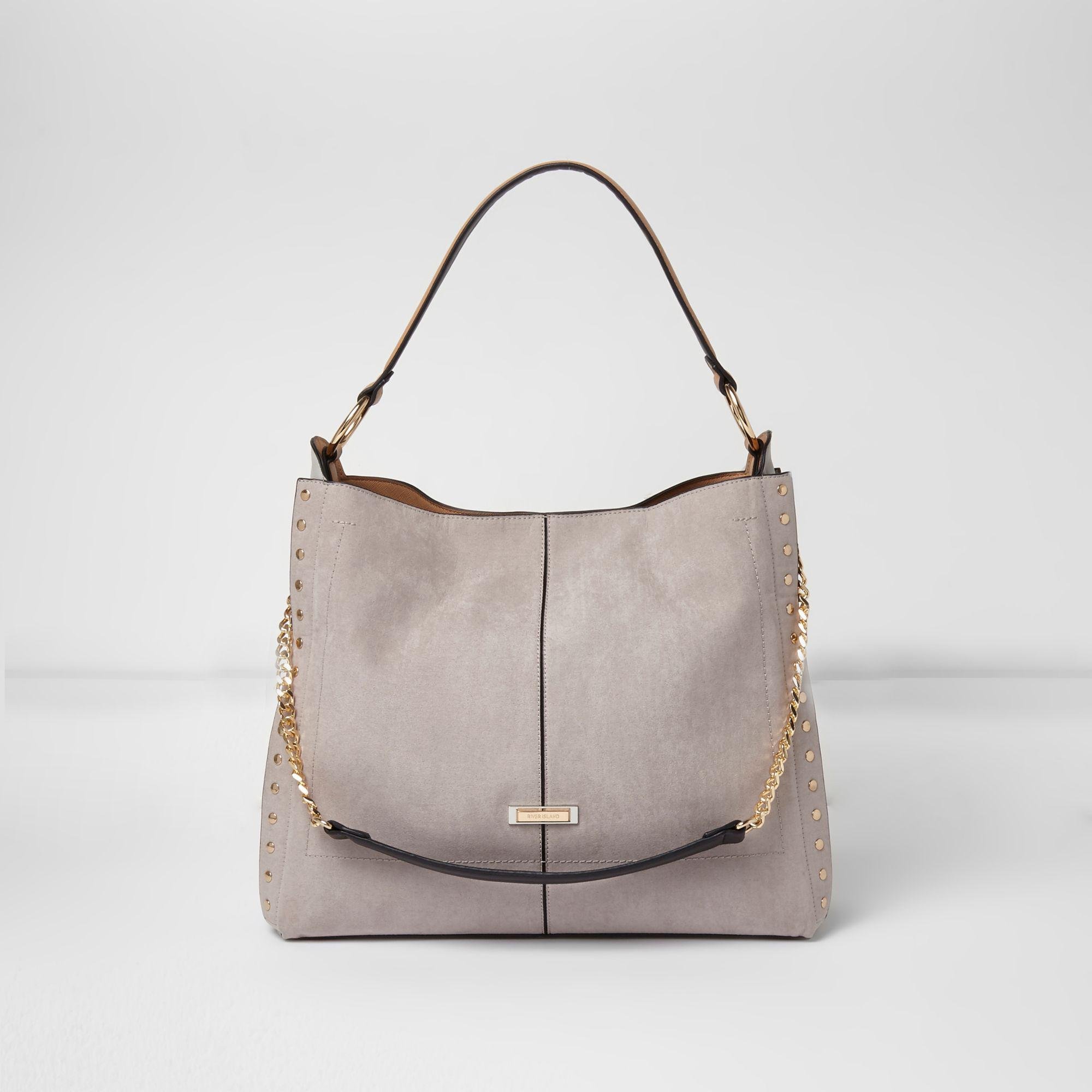 River Island Studded Chain Handle Slouch Bag in Grey (Grey) - Lyst