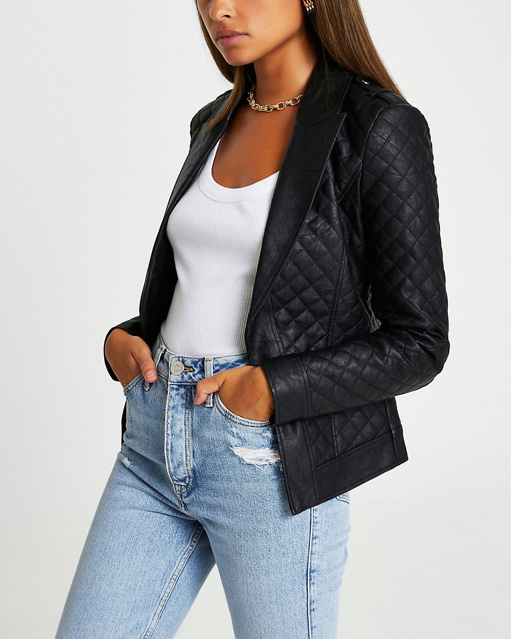 River Island Black Faux Leather Quilted Blazer | Lyst