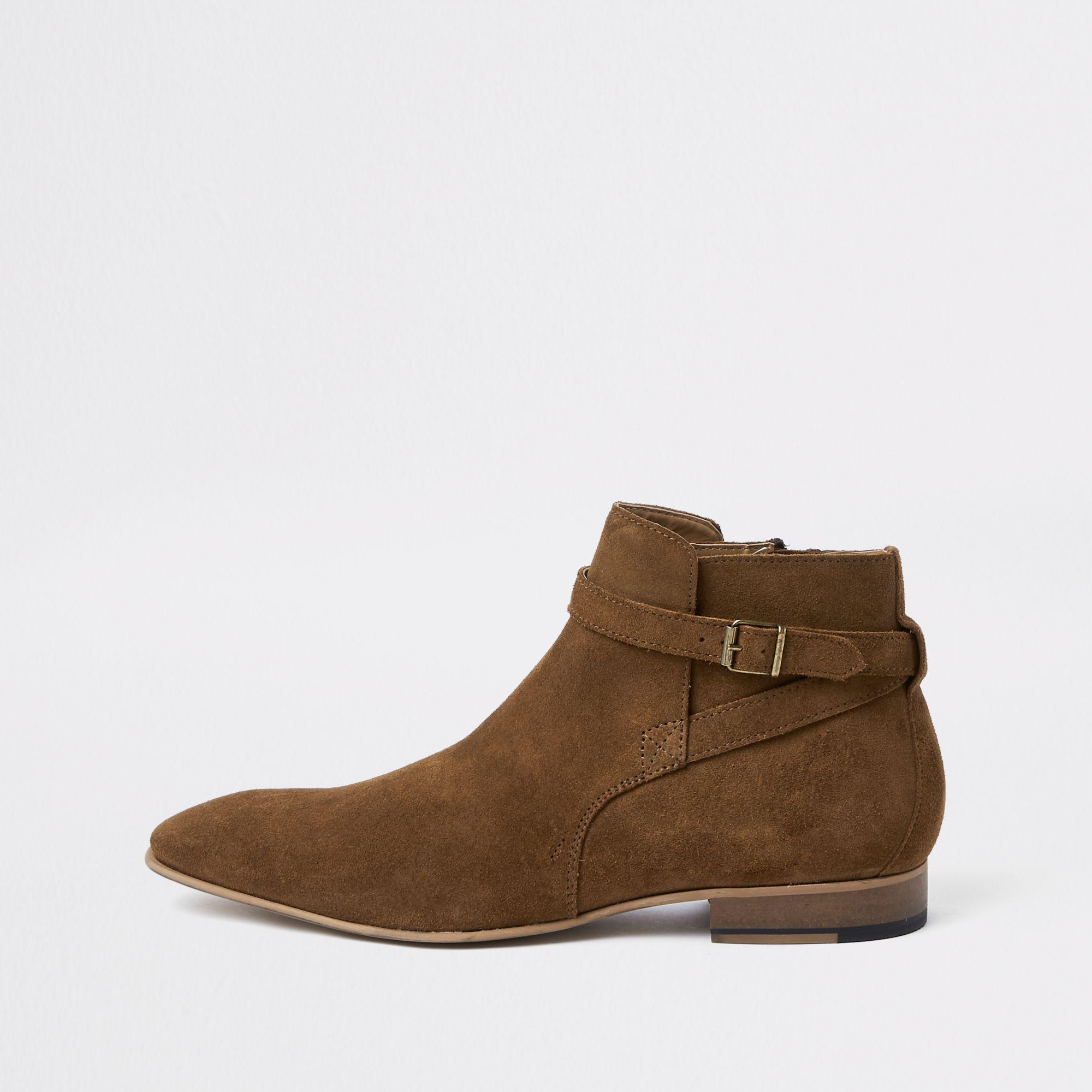 River Island Brown Suede Buckle Chelsea Boots for Men - Lyst