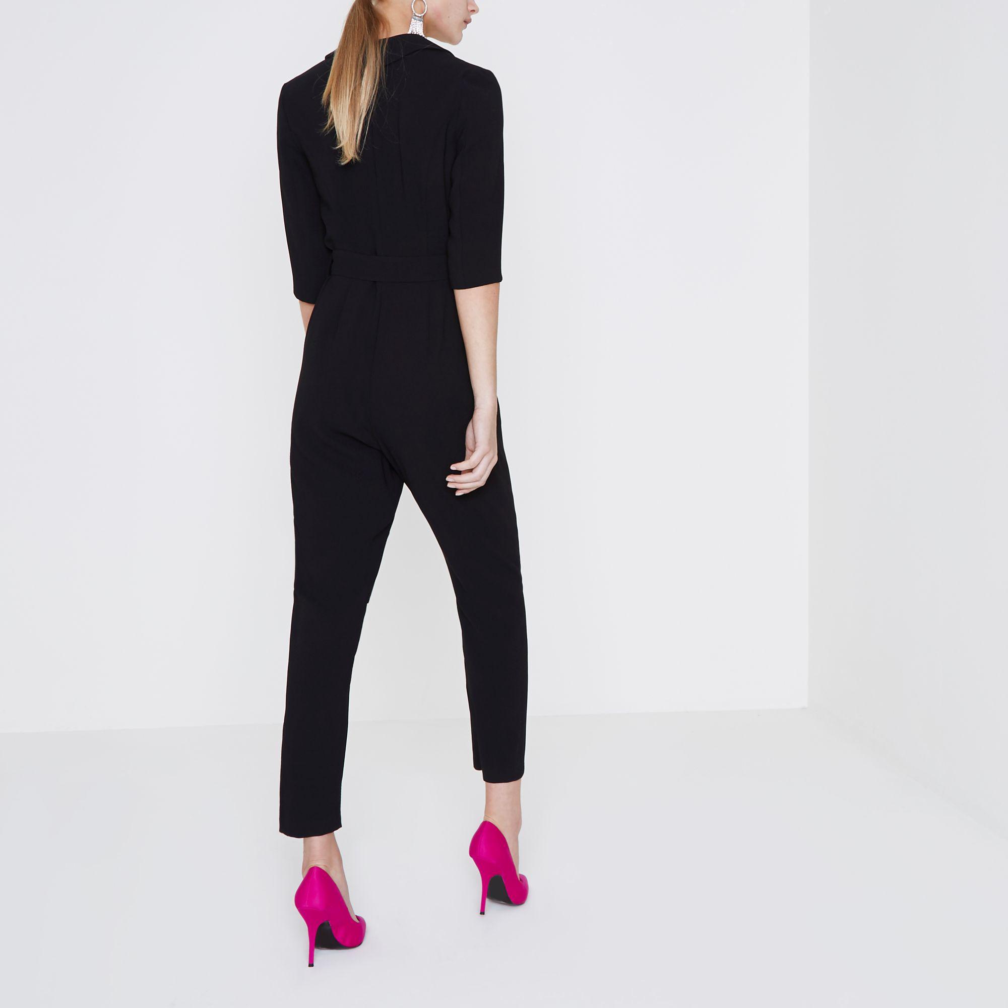 River Island Synthetic Tailored Three Quarter Sleeve Jumpsuit in Black