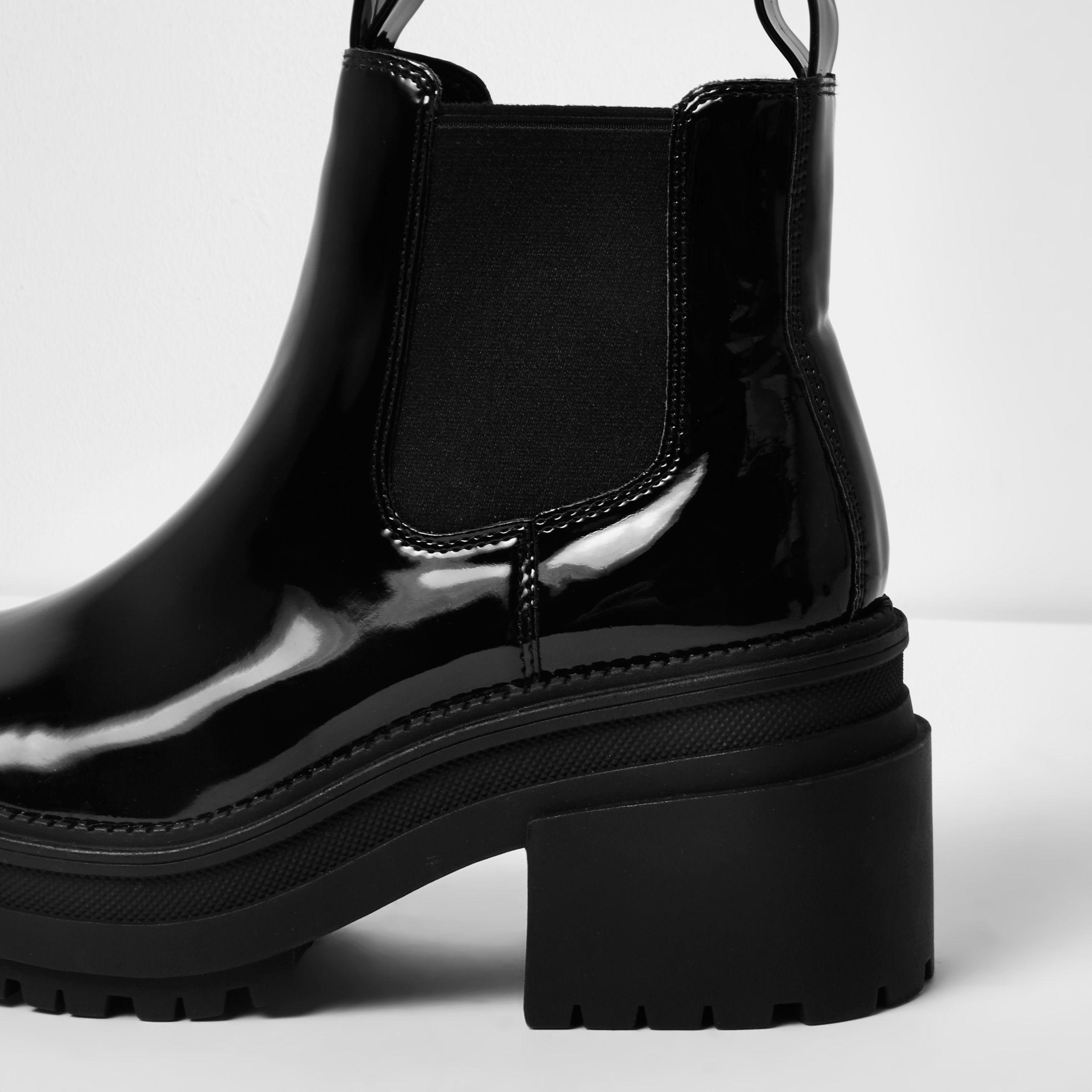 River Island Leather Black Patent Block Heel Chelsea Boots - Lyst