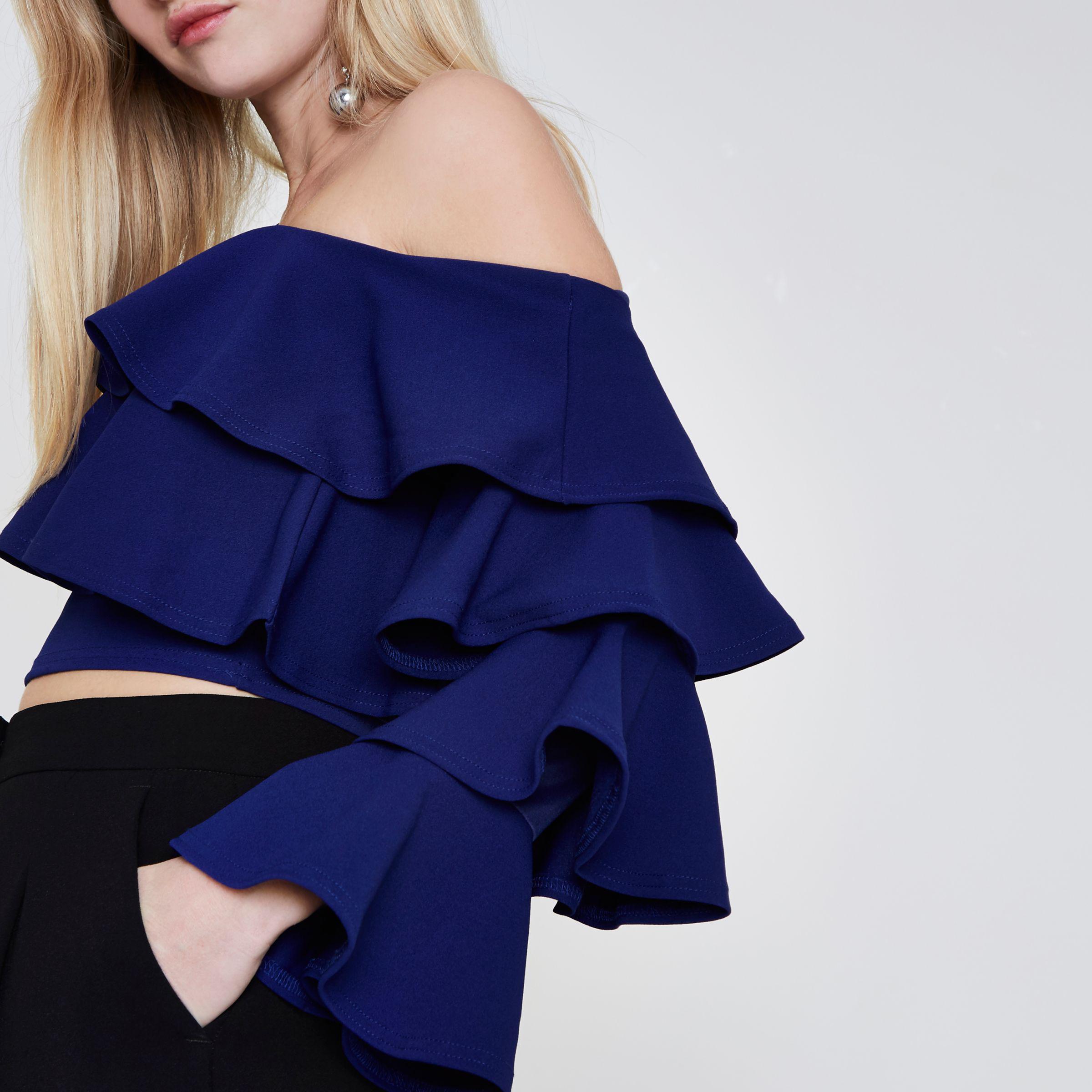 River Island Synthetic Blue Ruffle One Shoulder Fitted Crop Top Lyst