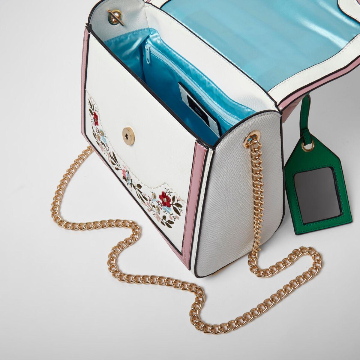 River Island White Floral Embroidered Chain Tote Bag White Floral