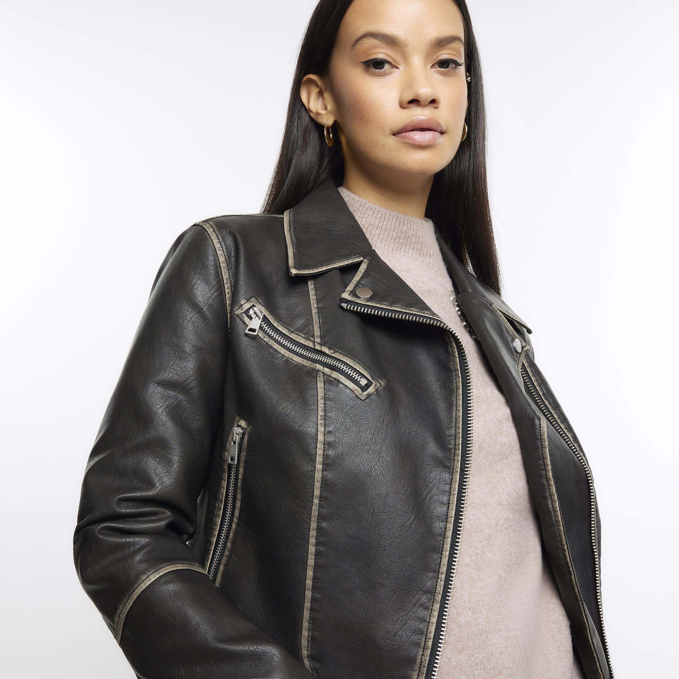 River island black quilted faux deals leather biker jacket