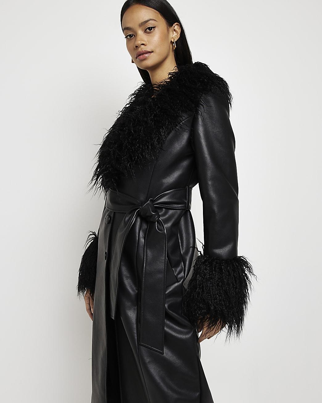 New look black faux fur longline coat 2025