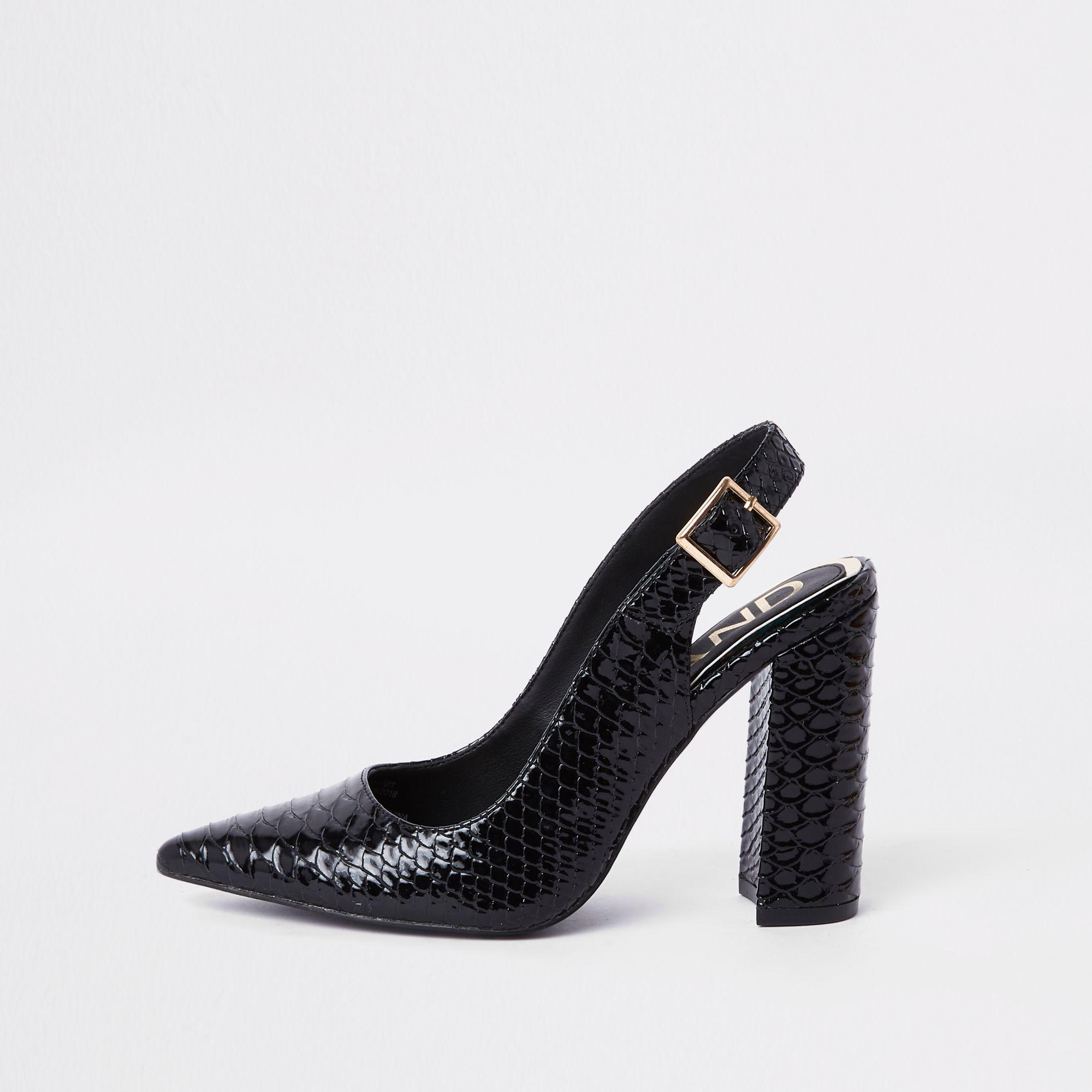 River Island Croc Block Heel Sling Back Court Shoes in Black