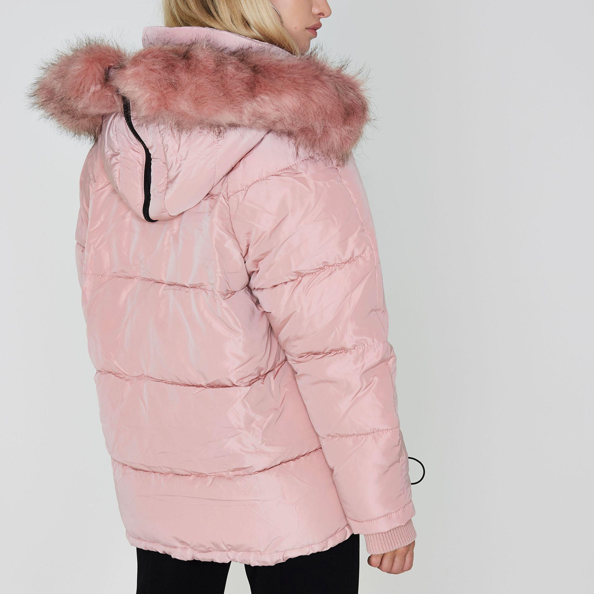 River Island Pink Fur Hood Oversized Puffer Jacket - Lyst