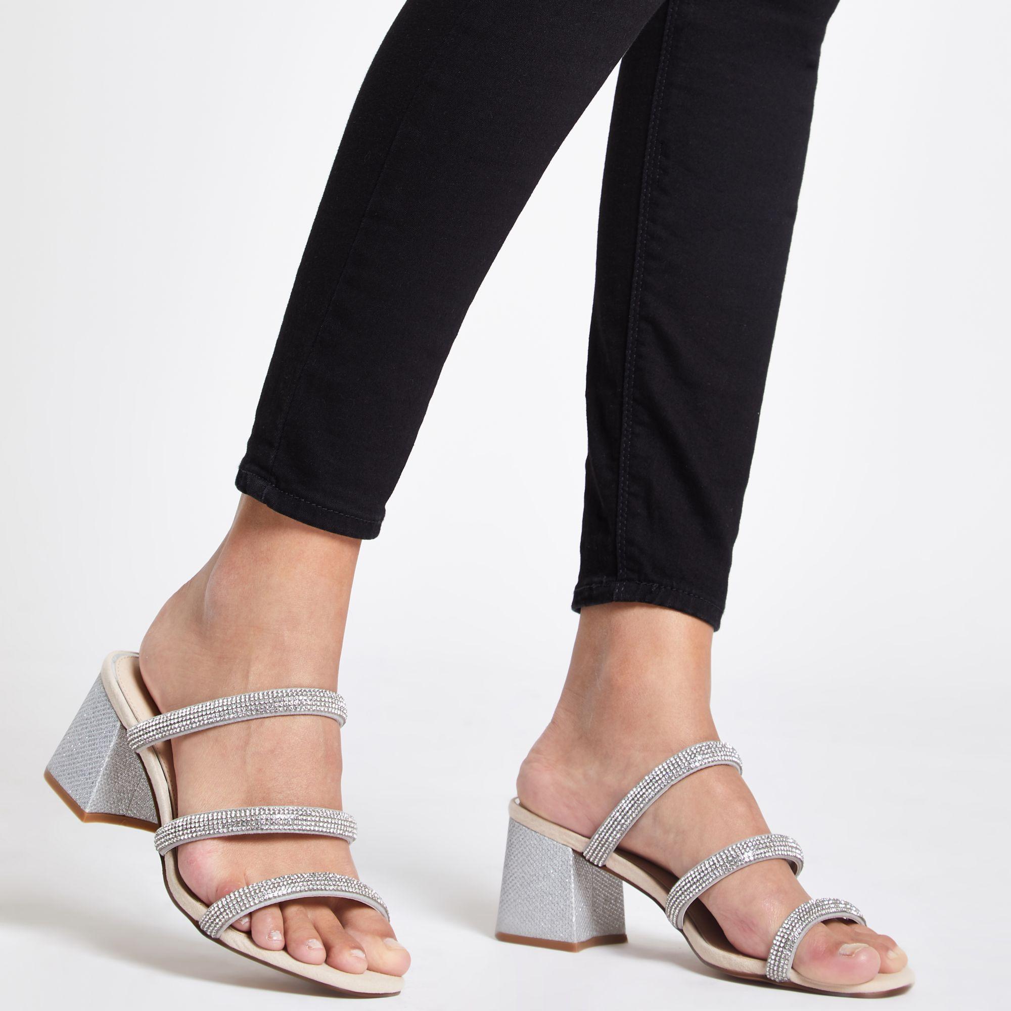 silver embellished block heels