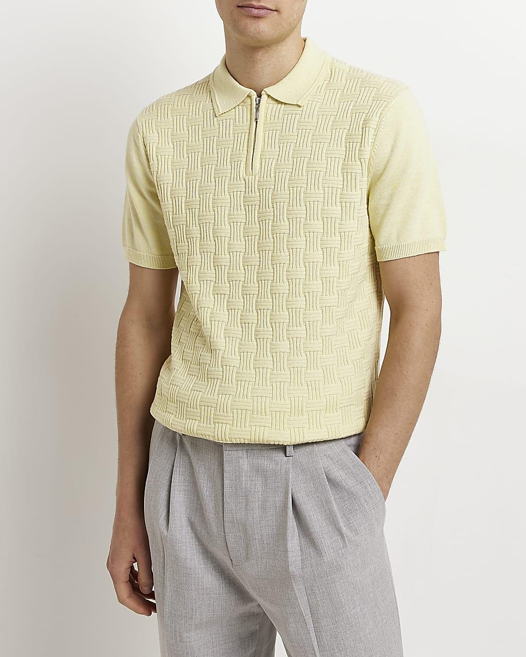 River Island Slim Fit Textured Knit Polo Shirt in Yellow for Men