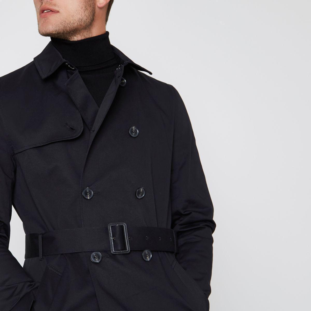 River Island Cotton Black Double Breasted Belted Trench Coat for Men - Lyst