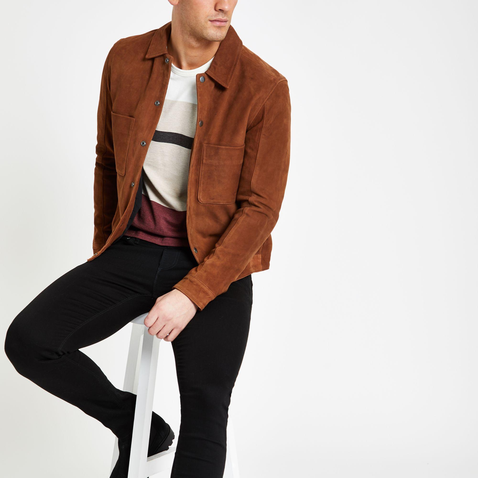 River Island Selected Homme Leather Jacket in Brown for Men - Lyst