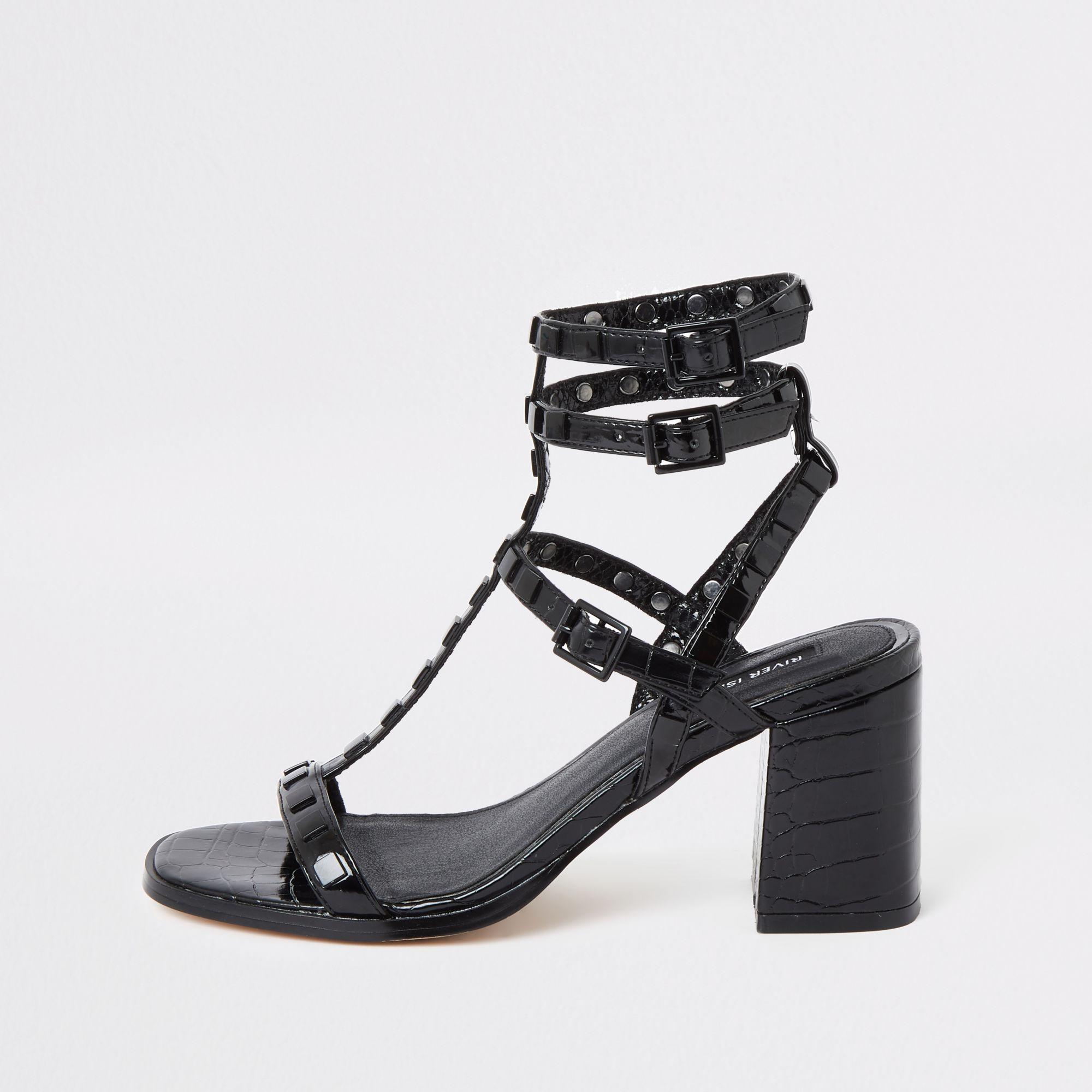 River Island Black Studded Gladiator Block Heel Sandals Lyst
