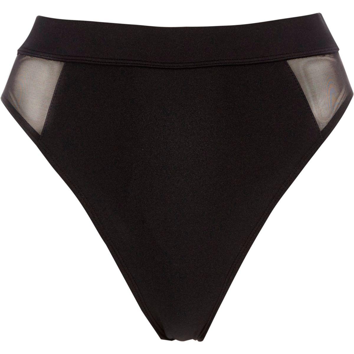 Lyst River Island Black Mesh Insert High Leg Bikini Bottoms in Black