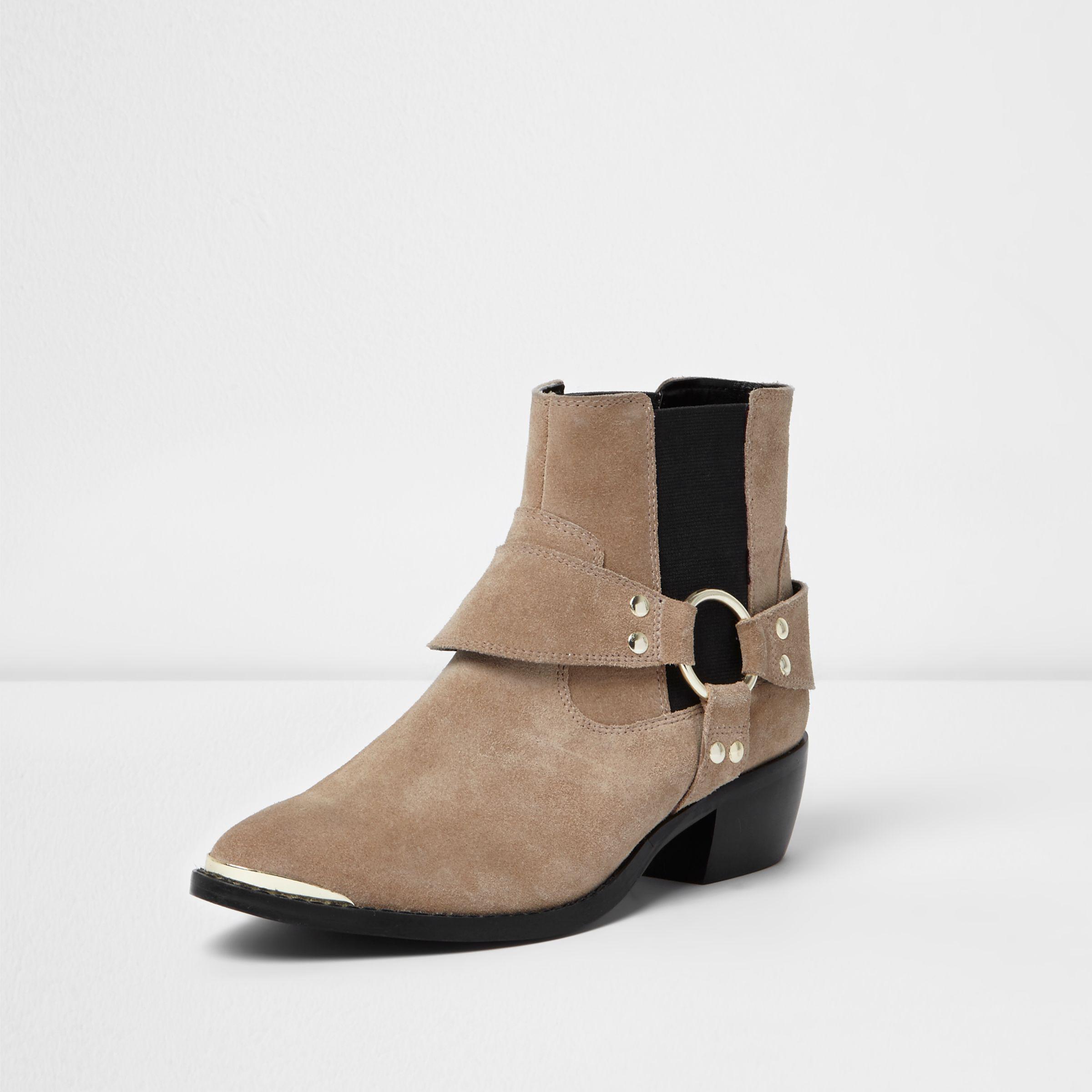 River Island Nude Suede Western Strap Ankle Boots in Natural - Lyst