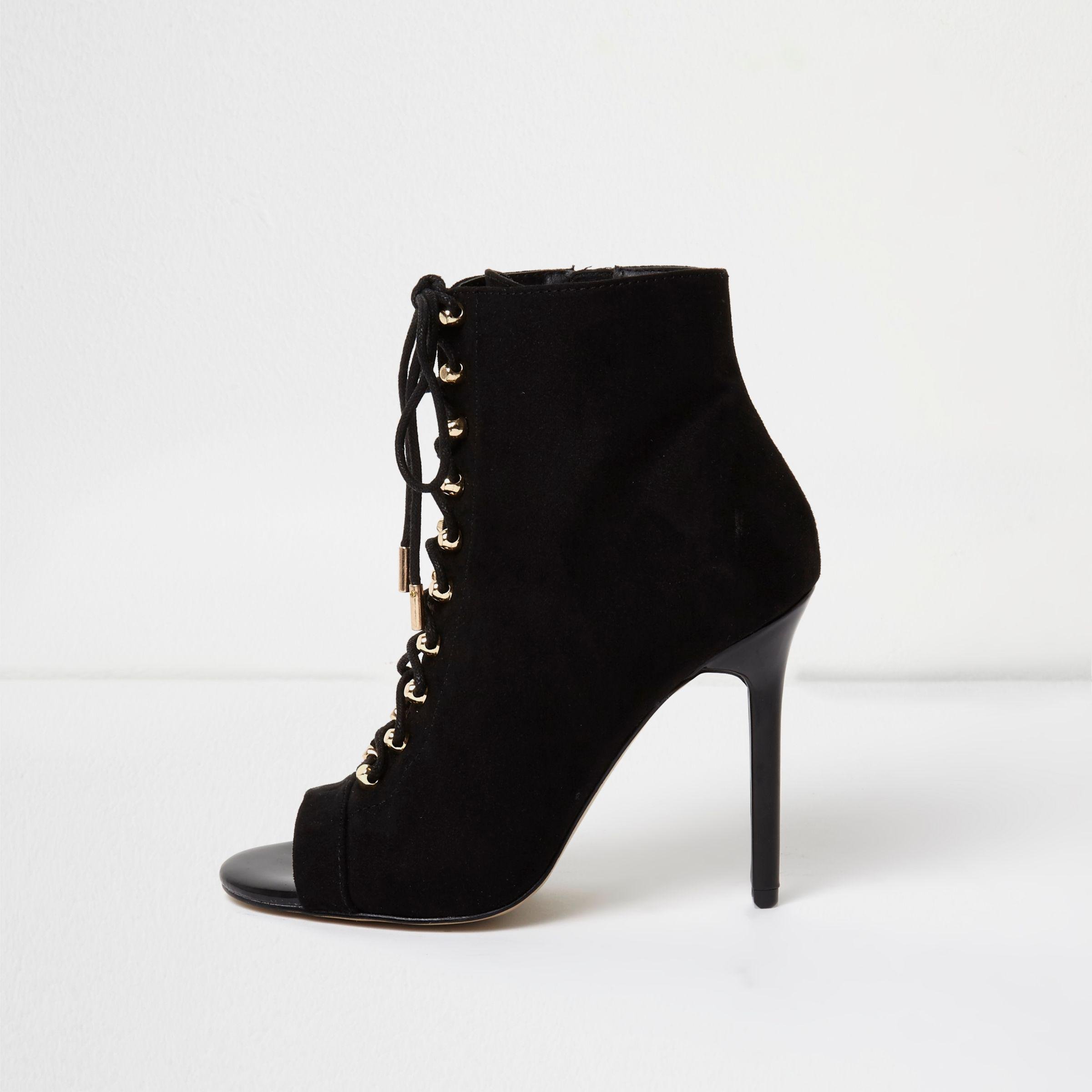 River Island Black Open Toe Lace-up Heeled Boots - Lyst