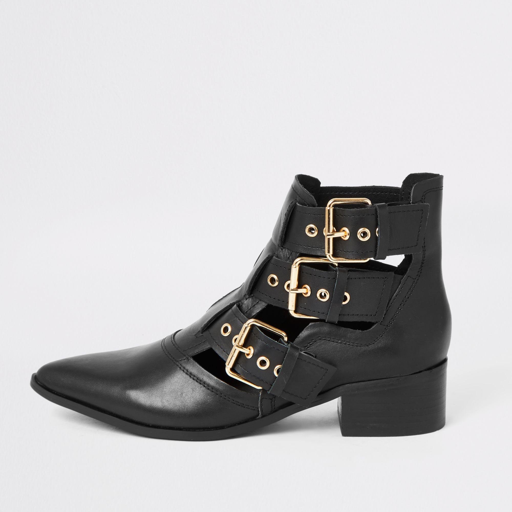 River Island Black Leather Cut Out Buckle Ankle Boots | Lyst