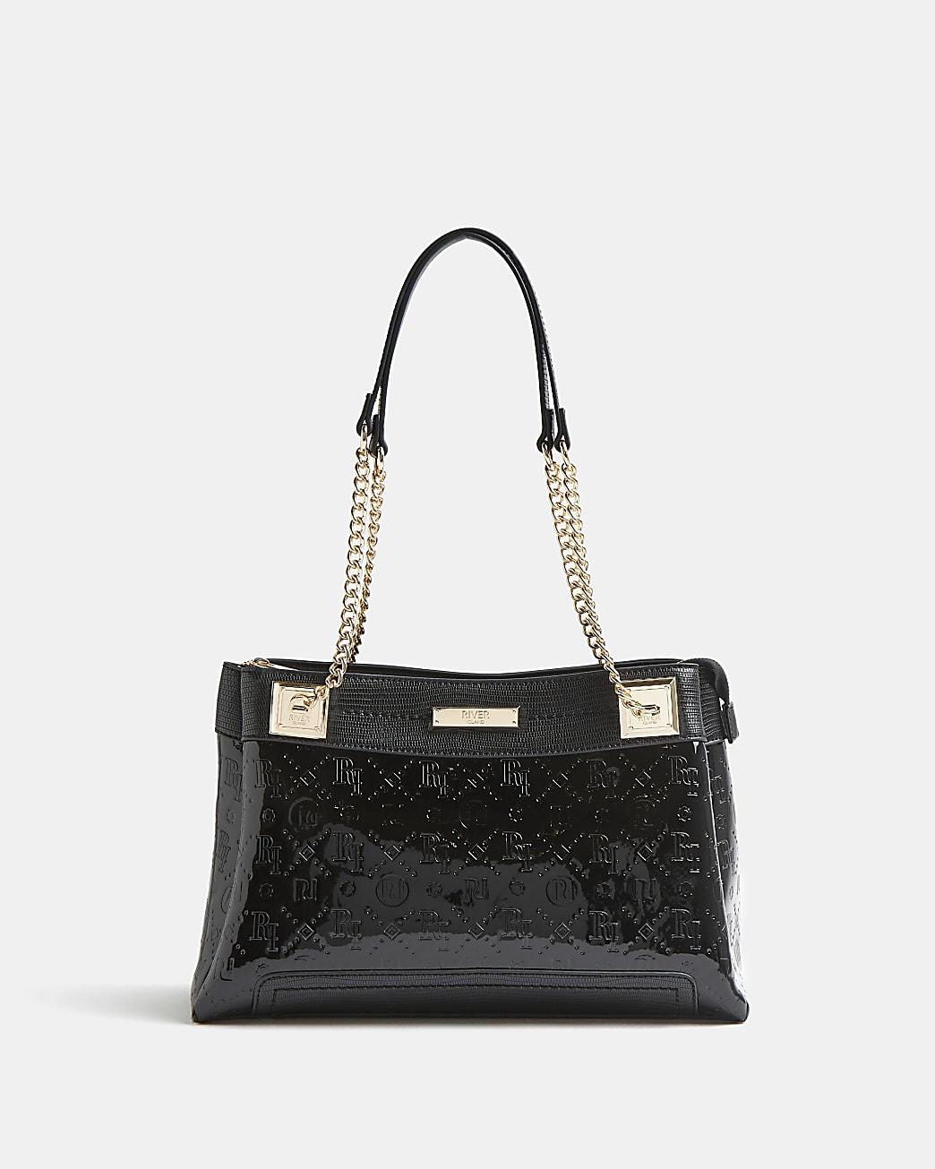 River Island patent embossed chain tote bag in black