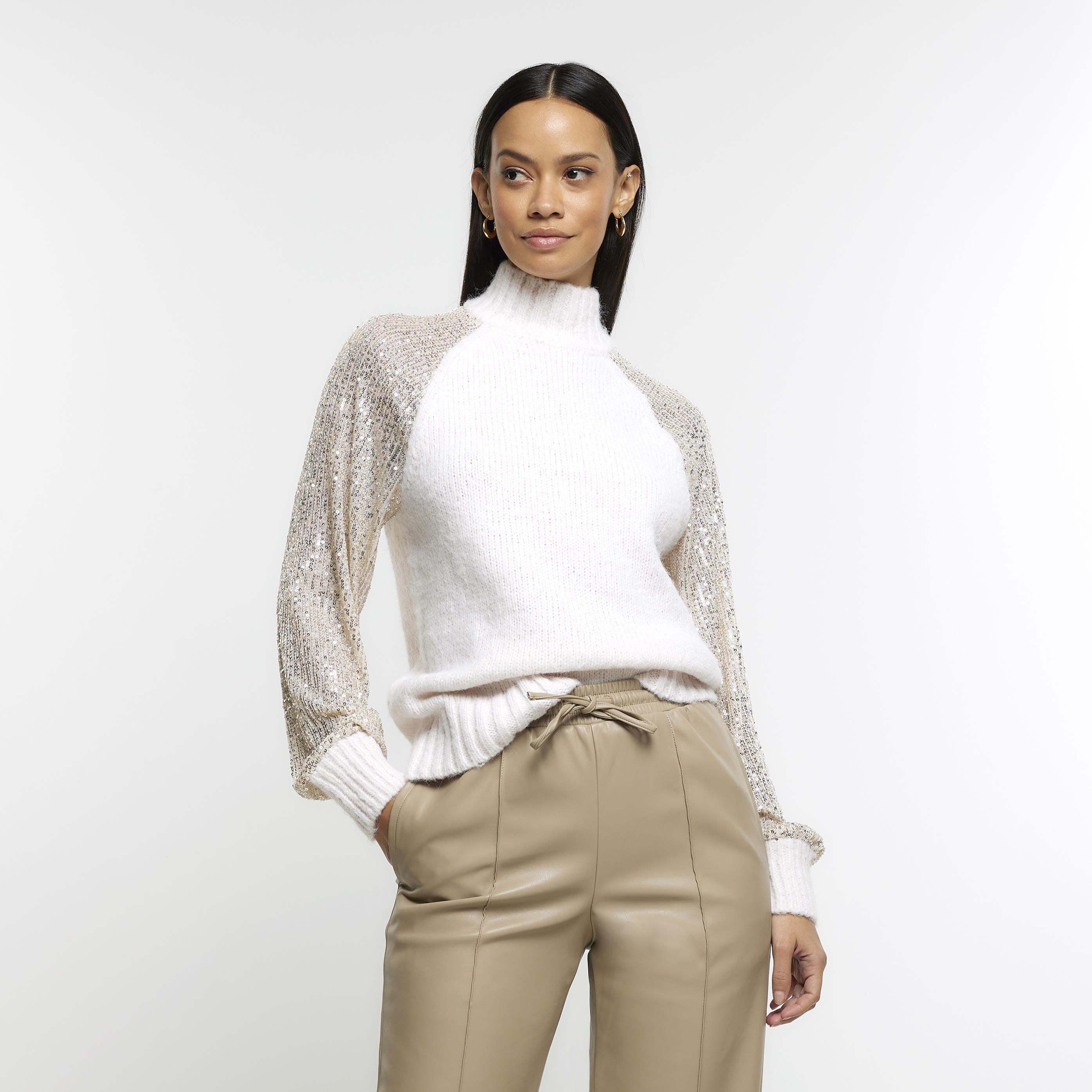River Island Cream Sequin Sleeve Jumper in White Lyst UK