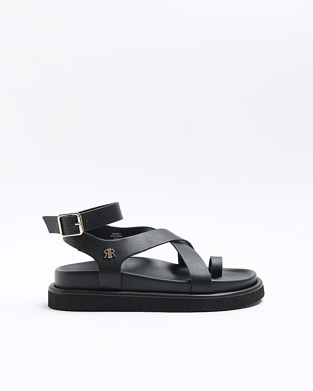 River Island Strap Over Flatform Sandals in Black | Lyst