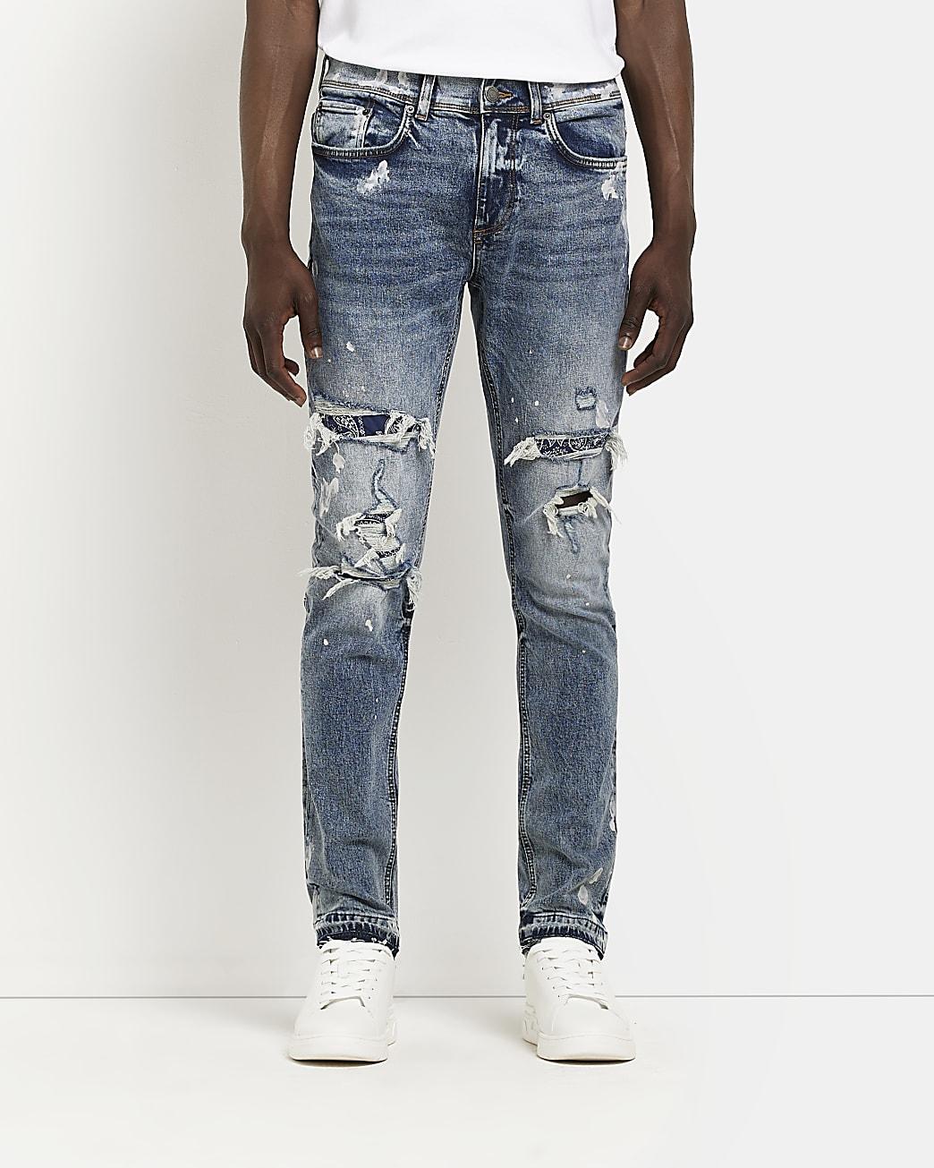 Denim Relaxed Skinny Fit Ripped Jeans 